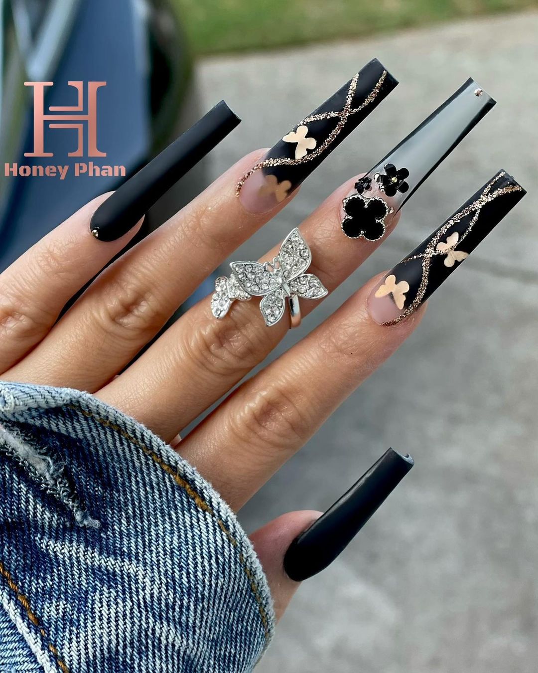 Acrylic Black Nails with Gold Butterflies