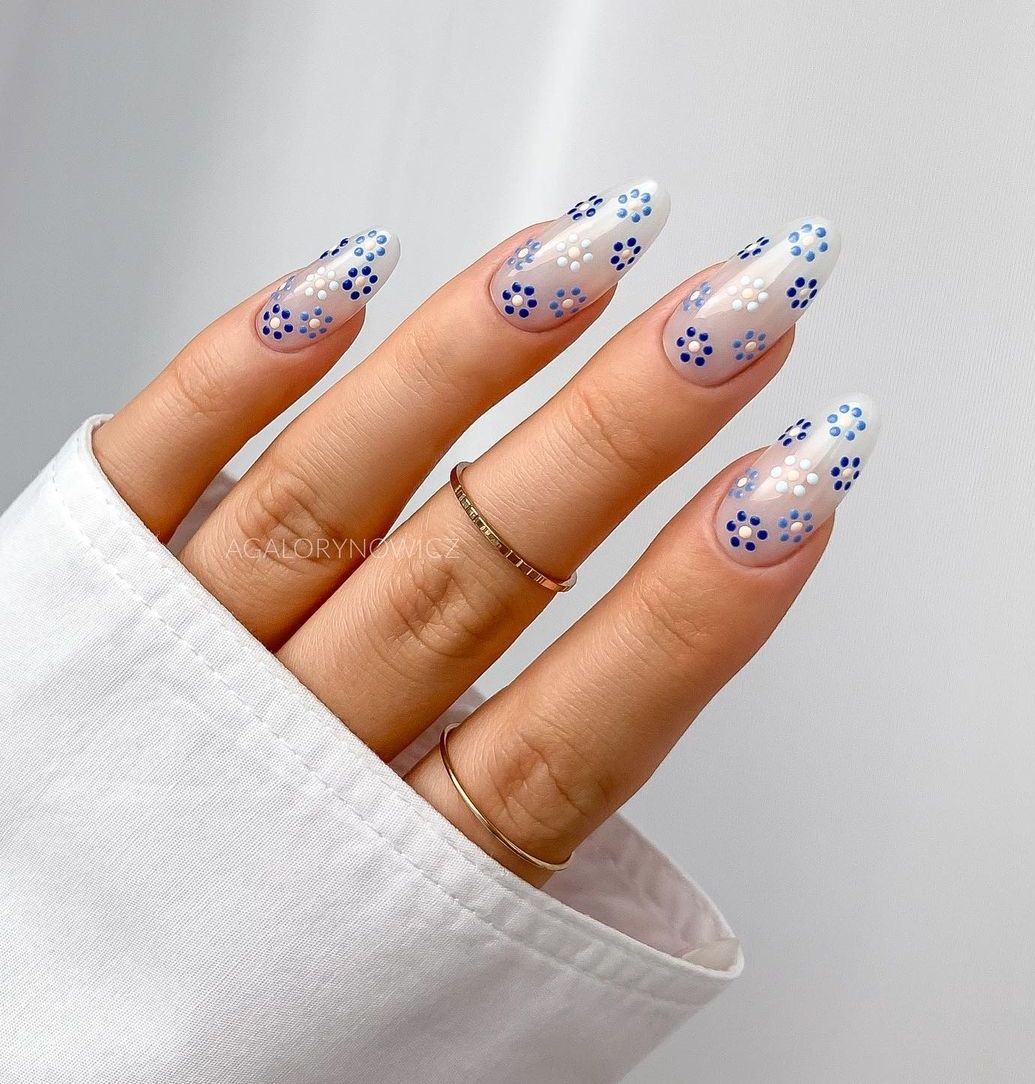 Almond Nails with Blue Flowers