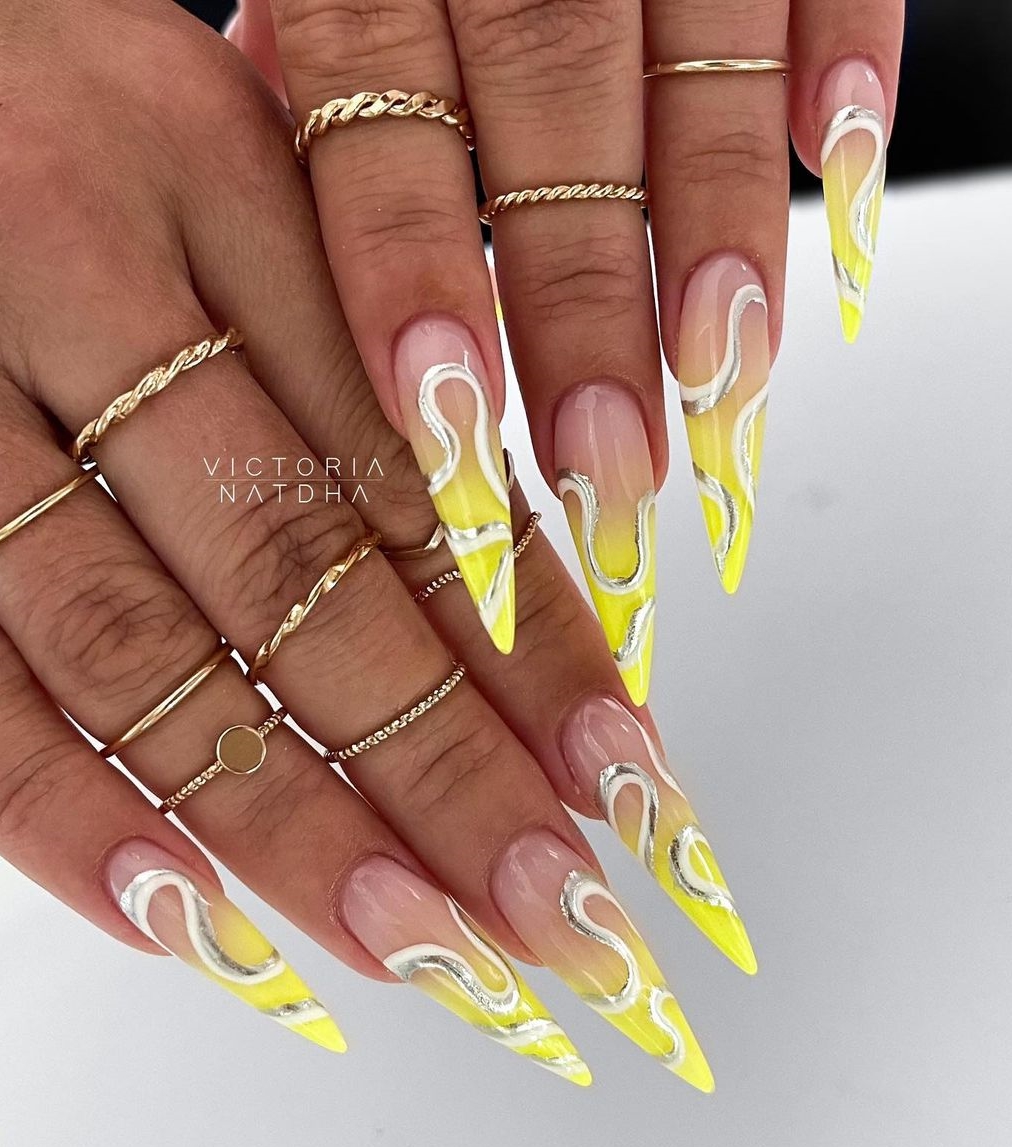 Long Yellow Ombre Stiletto Nails with Silver Lines