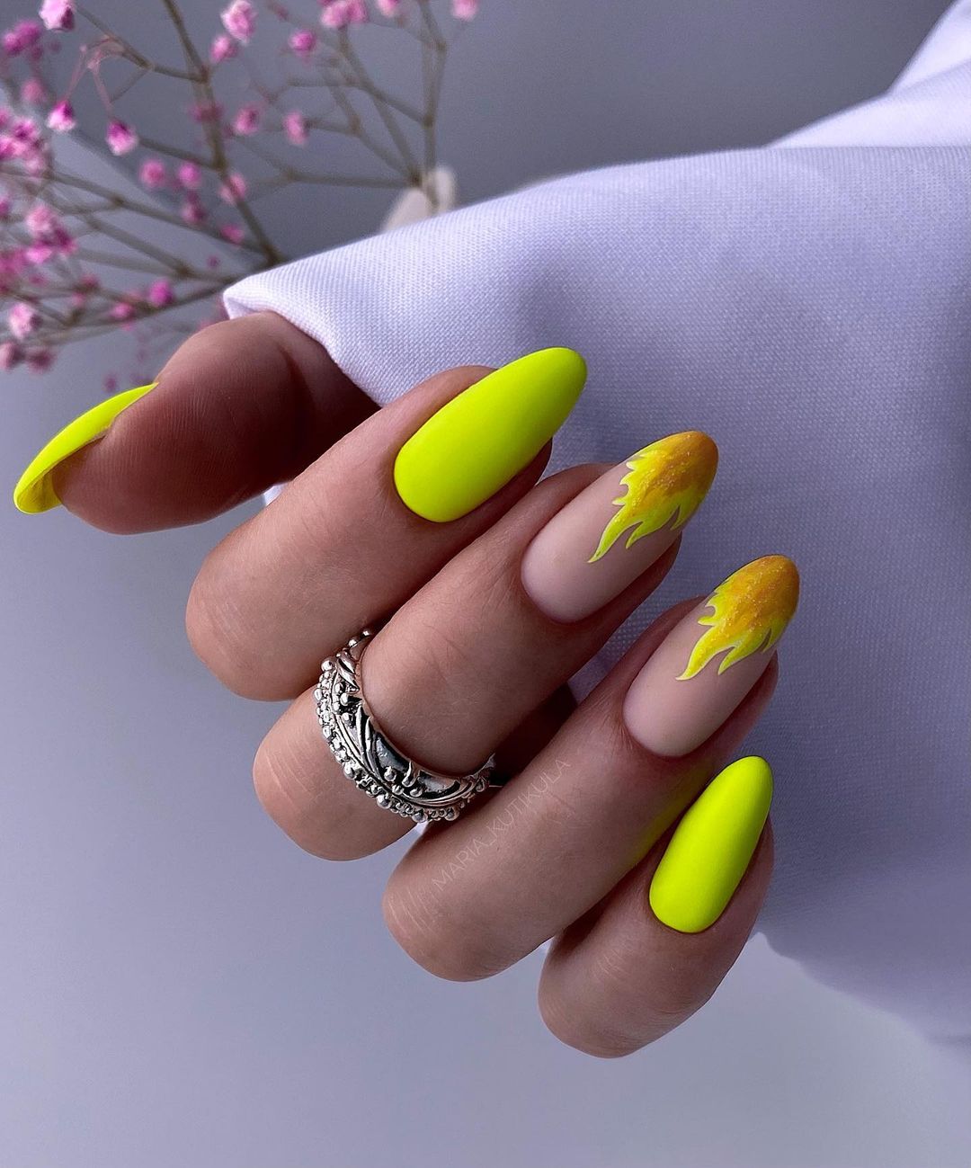 Almond Yellow Matte Nails with Flame Design