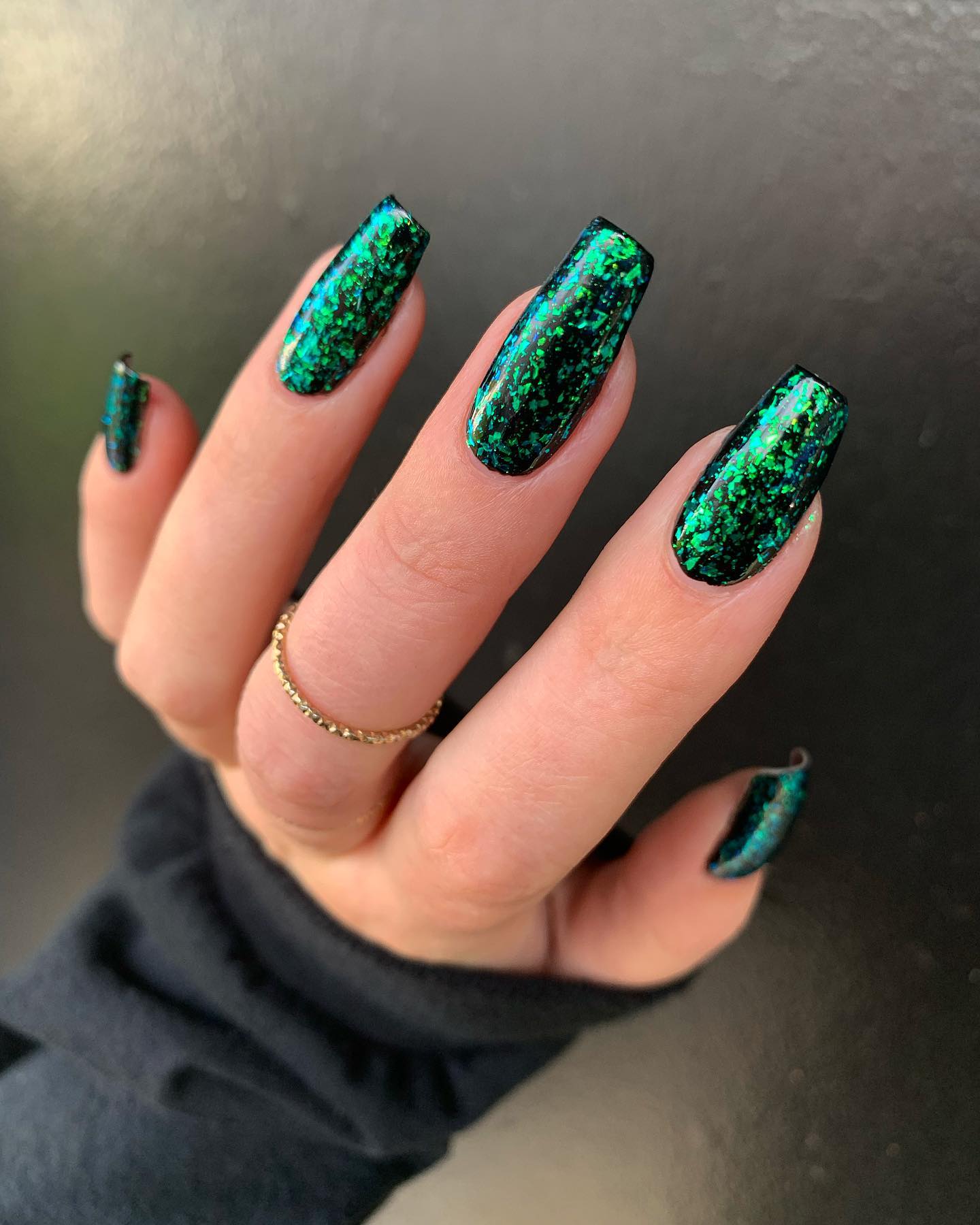 Long Square Black Nails with Bright Green Sparkles