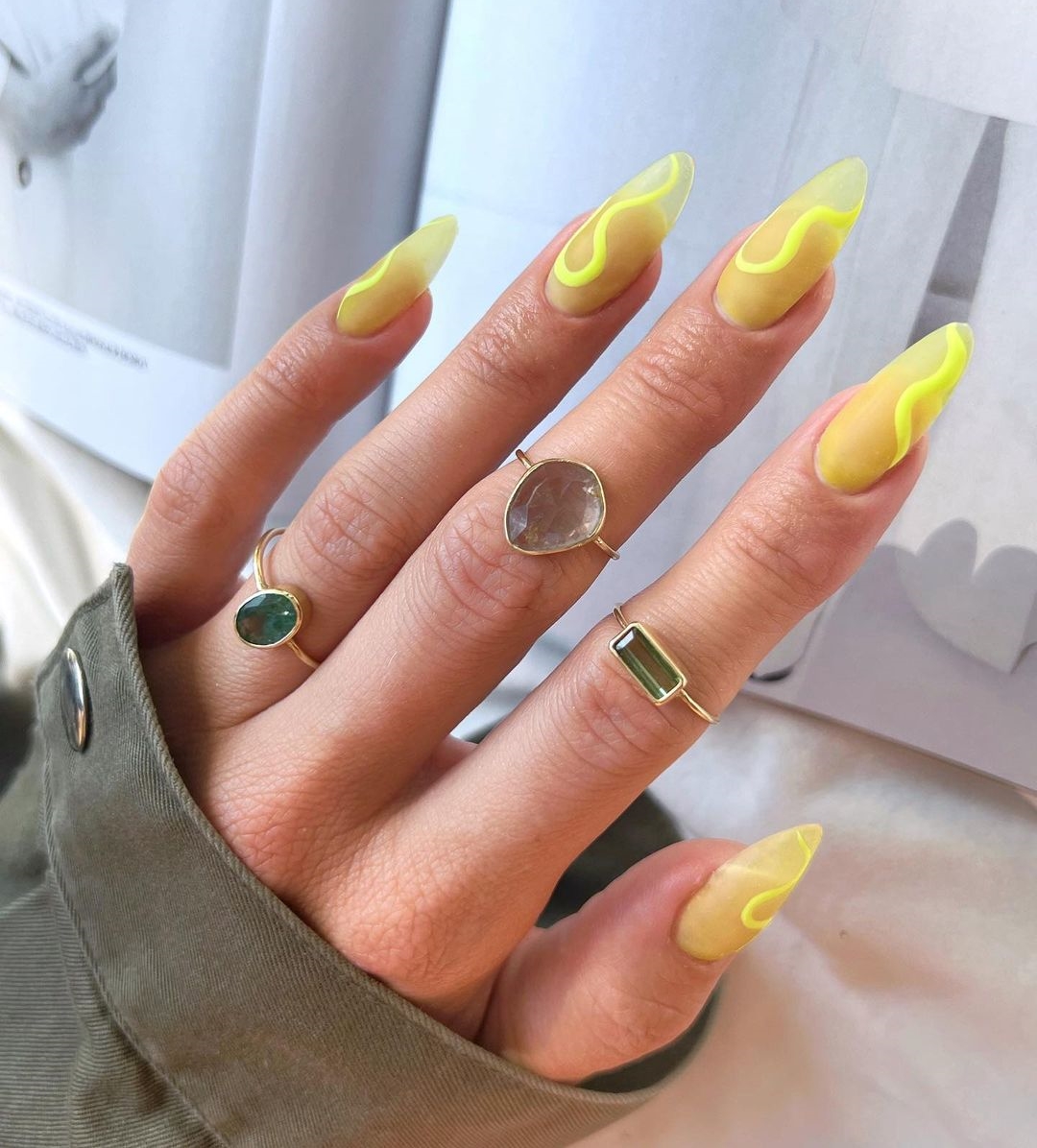 Almond Yellow Nails With Yellow Swirls