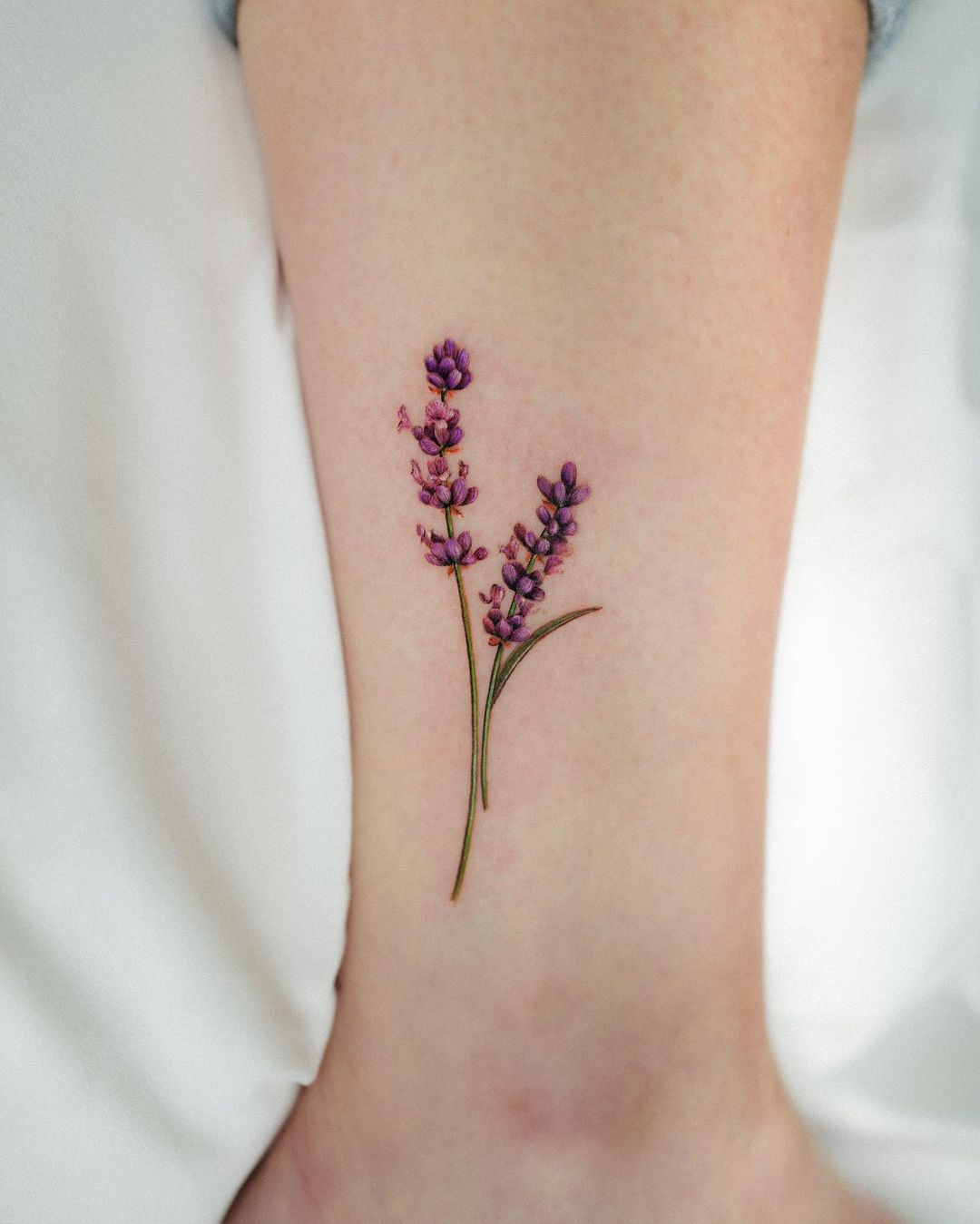 Color Lavender Flower Tattoo on Ankle