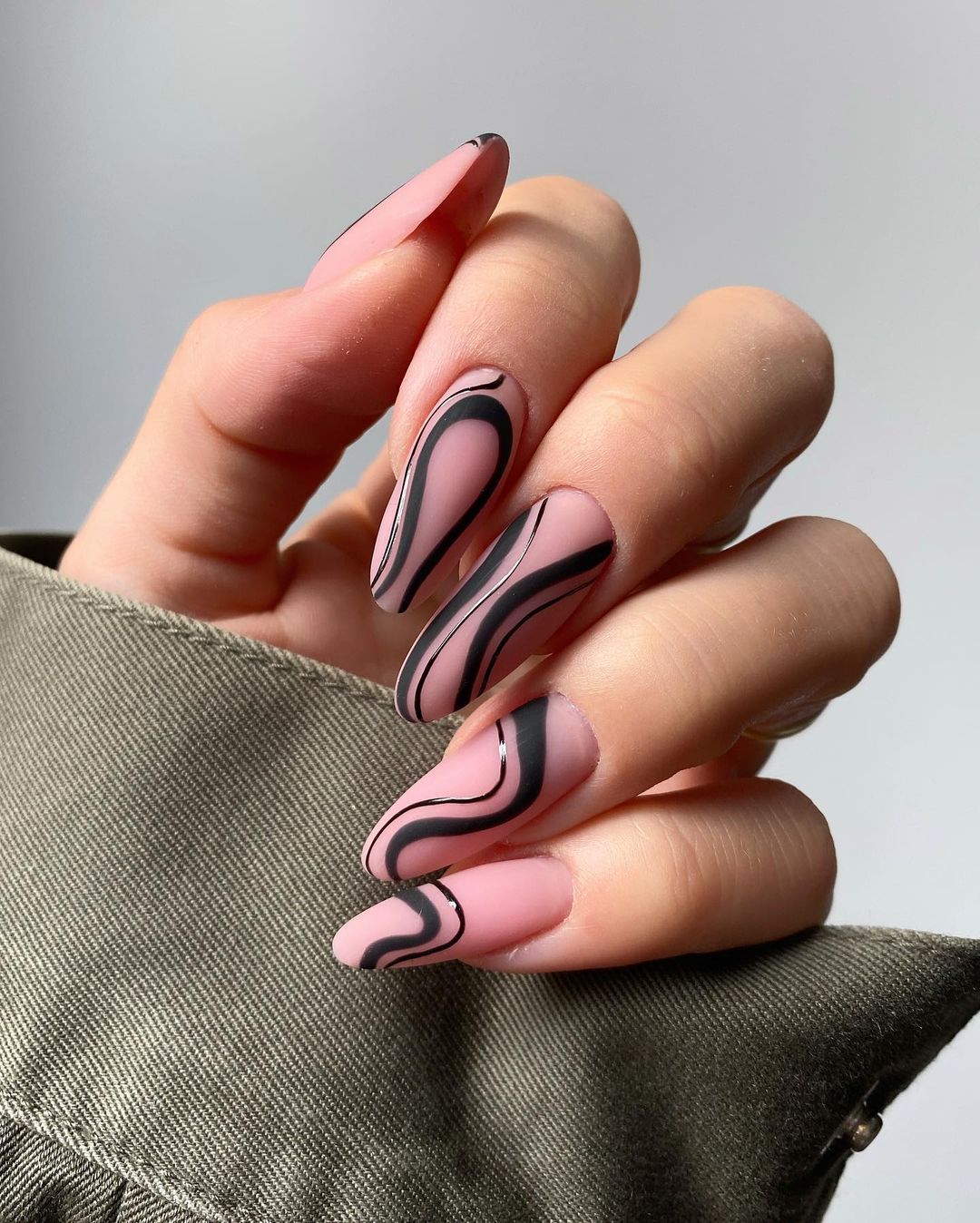 Nude Matte Nails with Black Swirls