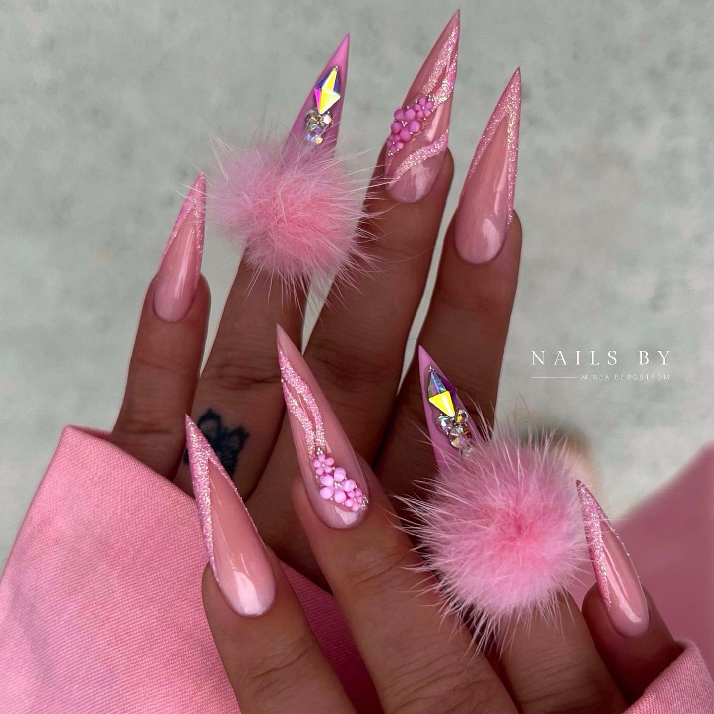 Pink Stiletto Nails with Rhinestones