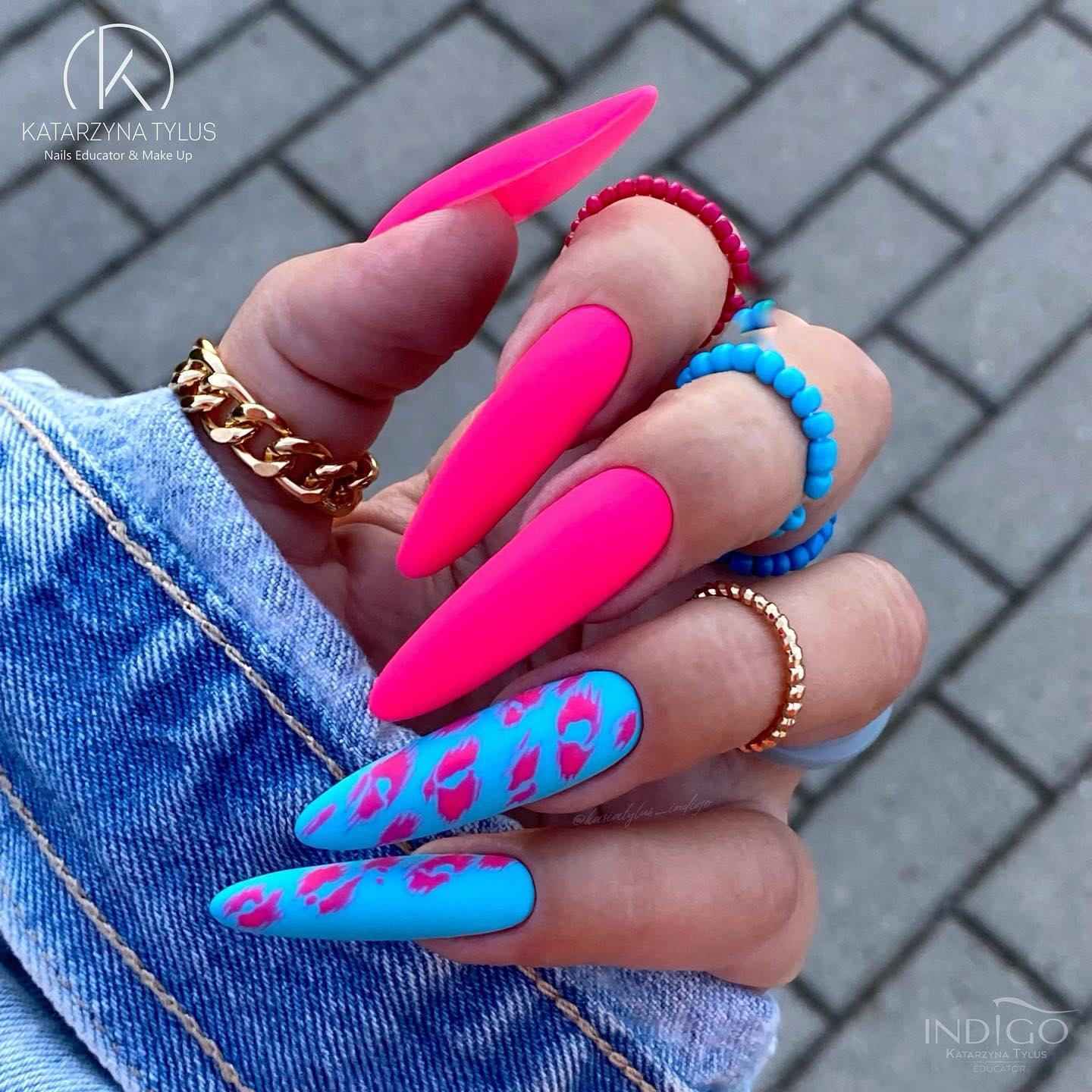 Almond Neon Pink and Blue Matte Nails