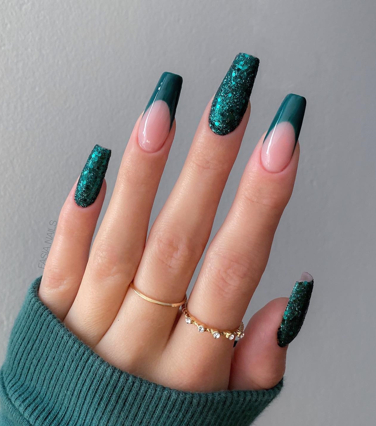 Long Square Dark Emerald Nails with Sparkles