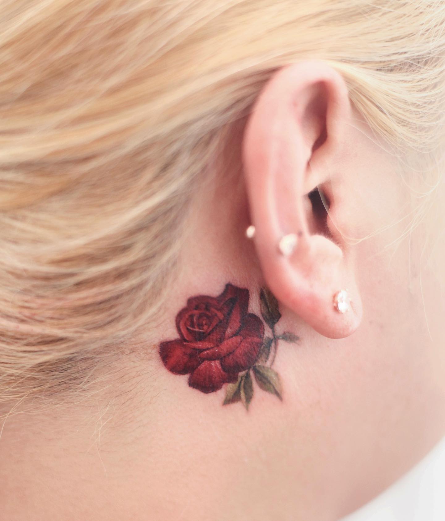 Red Rose Tattoo Behind Ear
