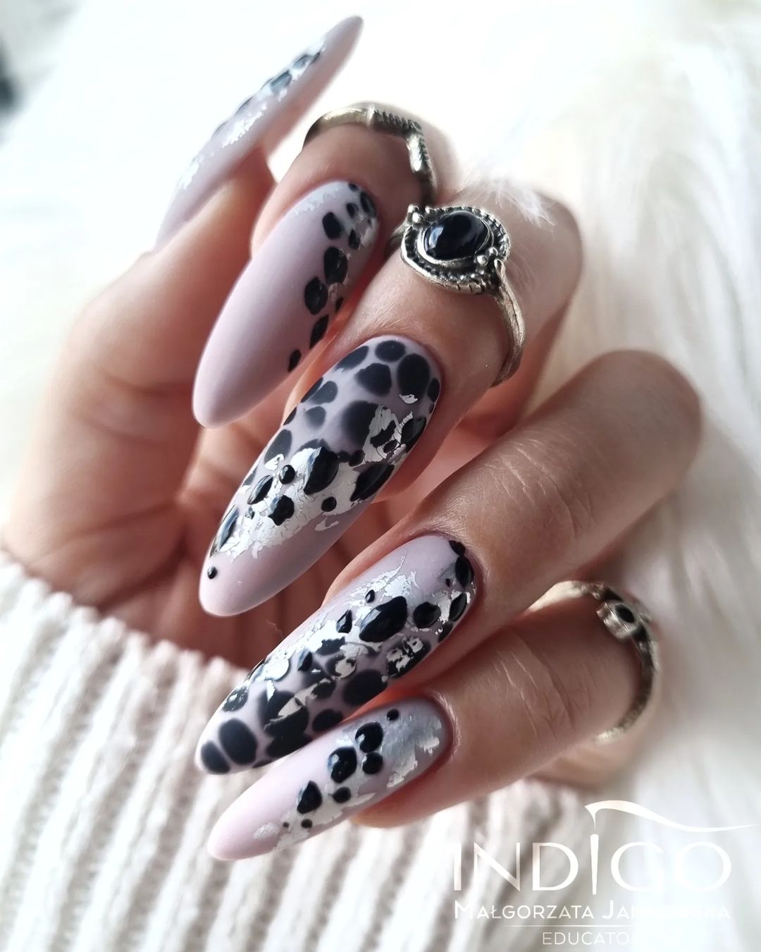 Gray Nails with Black Leopard Print
