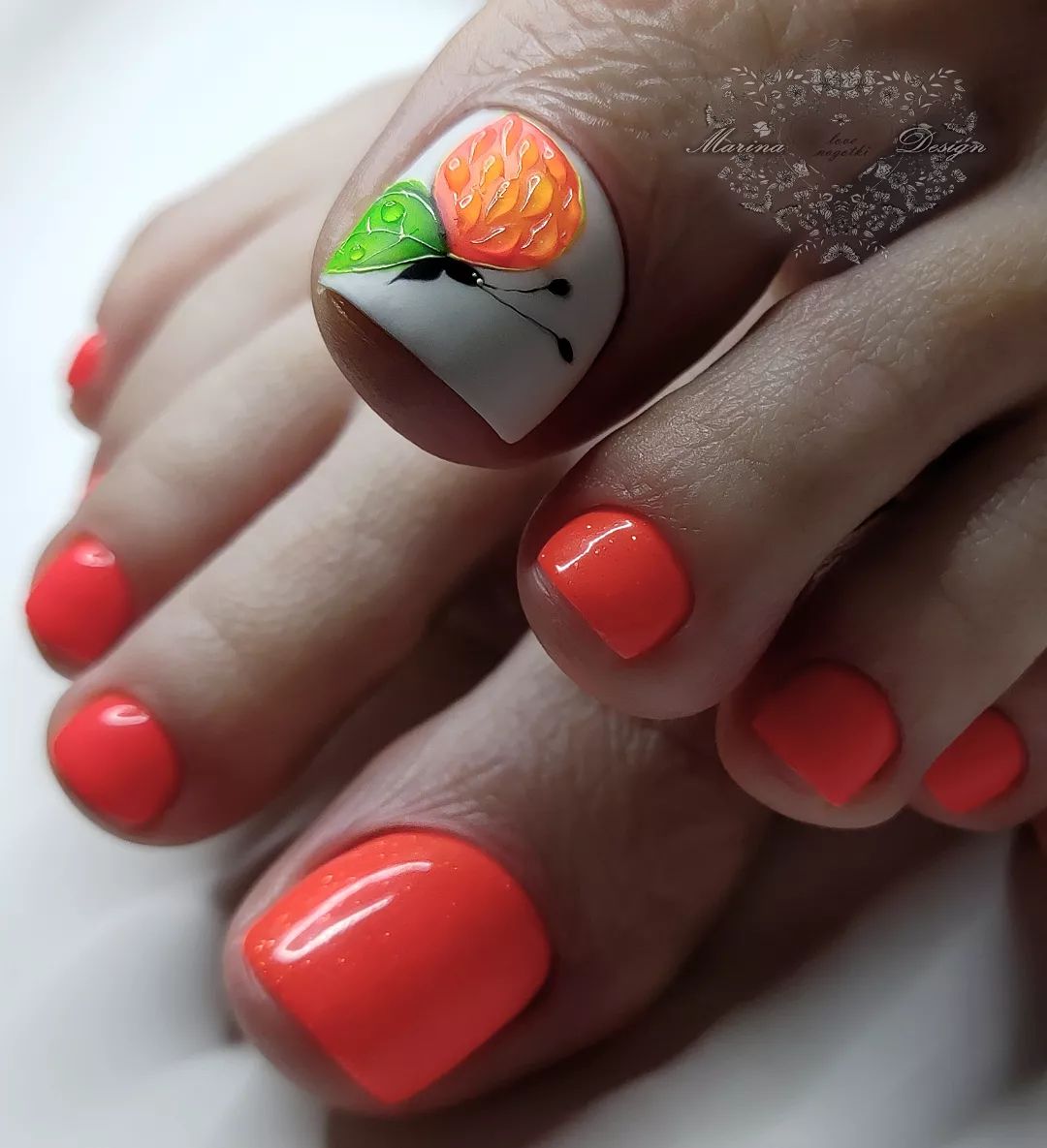 Orange Toe Nails with Fruit Design on Big Toe