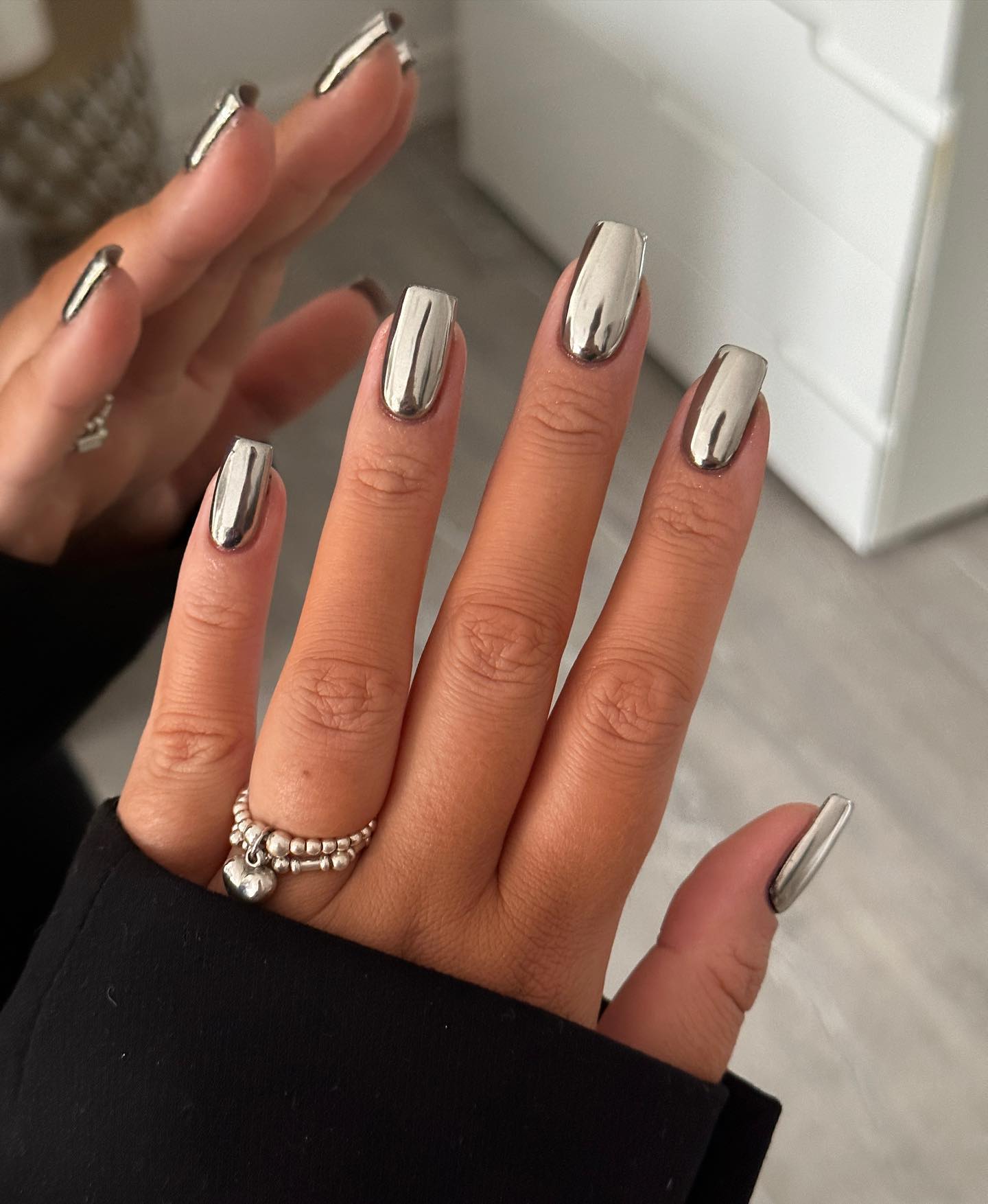 Short Square Silver Chrome Nails