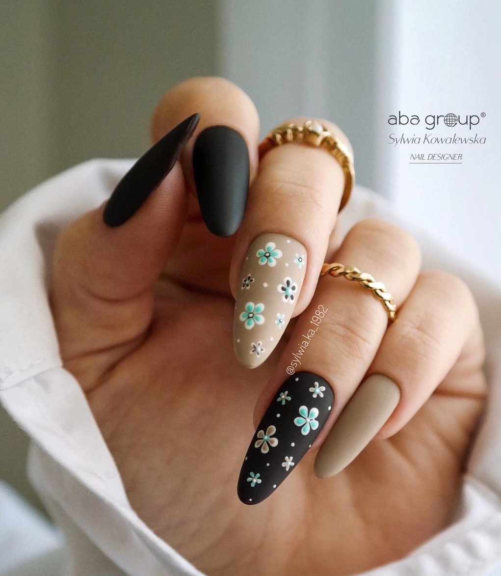 Black and Beige Matte Nails with Floral Design