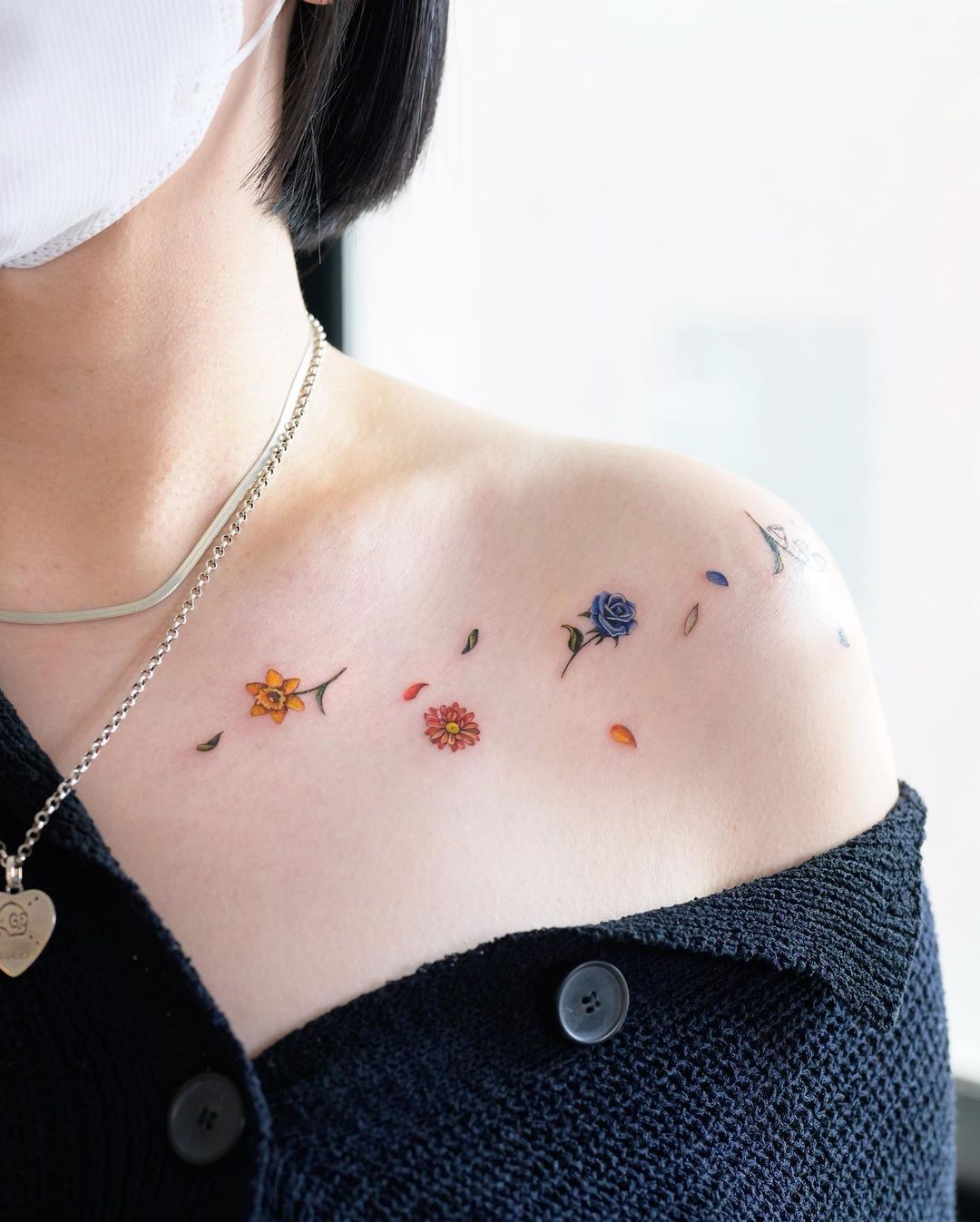 Color Small Flower Tattoo on Shoulder