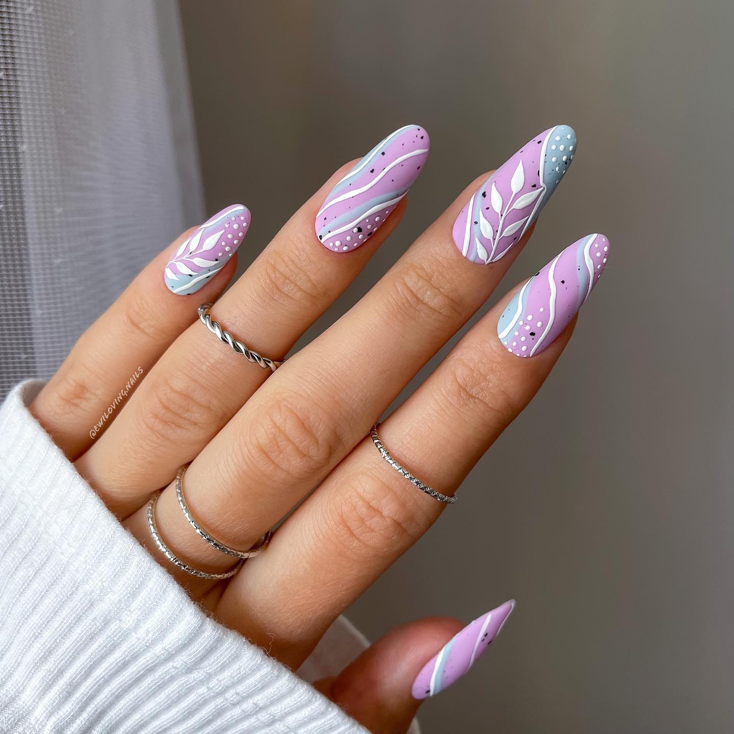 Almond Lavender Matte Nails with Floral Design