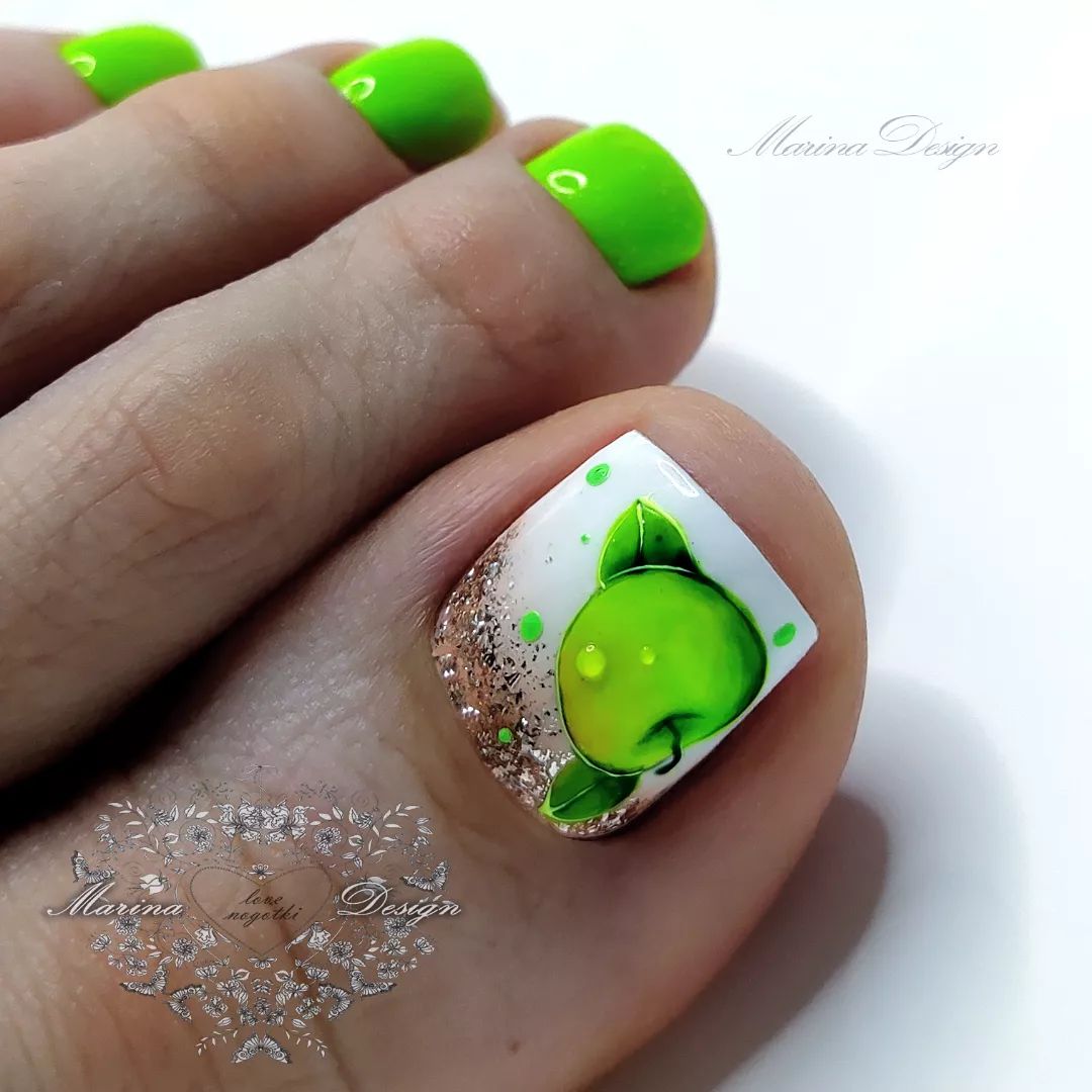 Bright Green Toe Nails with Apple Design on Big Toe