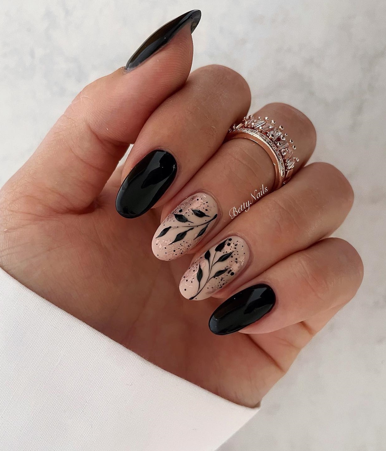 Short Black and Beige Nails and Foil Design