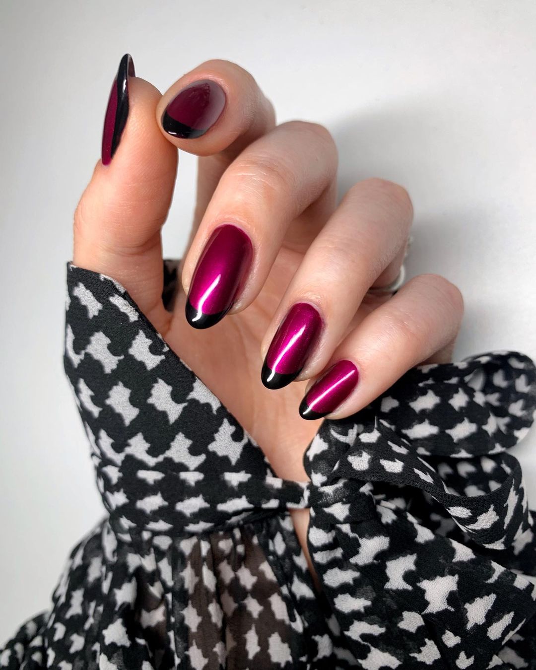 Short Almond Burgundy Nails with Black French Tips