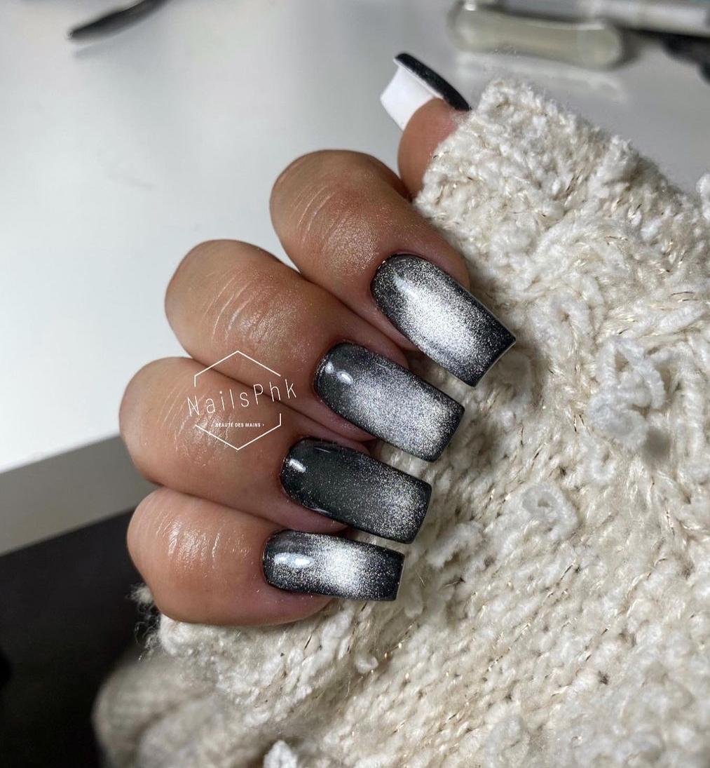 Square Black Nails with Gray Cat Eye Design