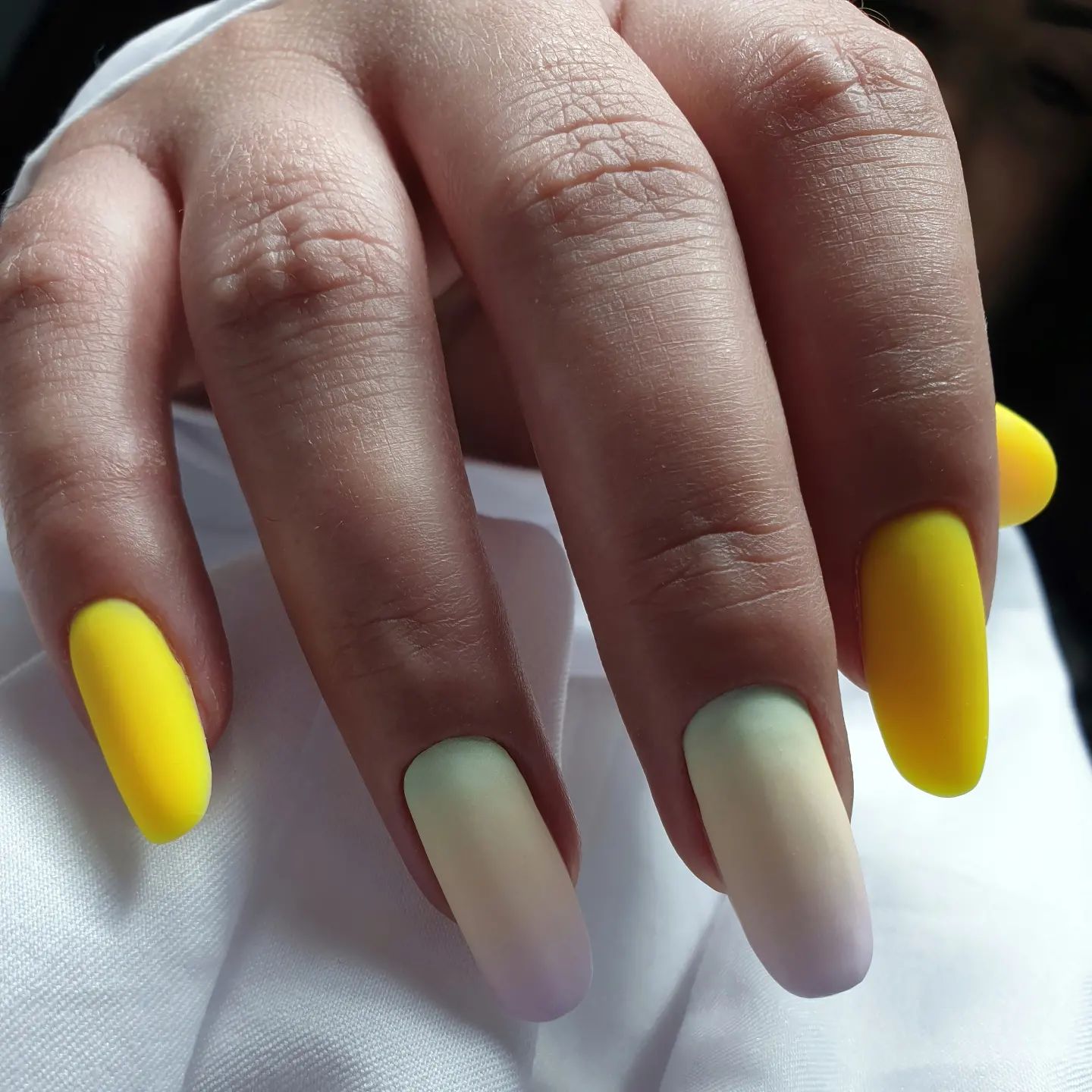 Acrylic Oval Yellow Nails with Ombre Design