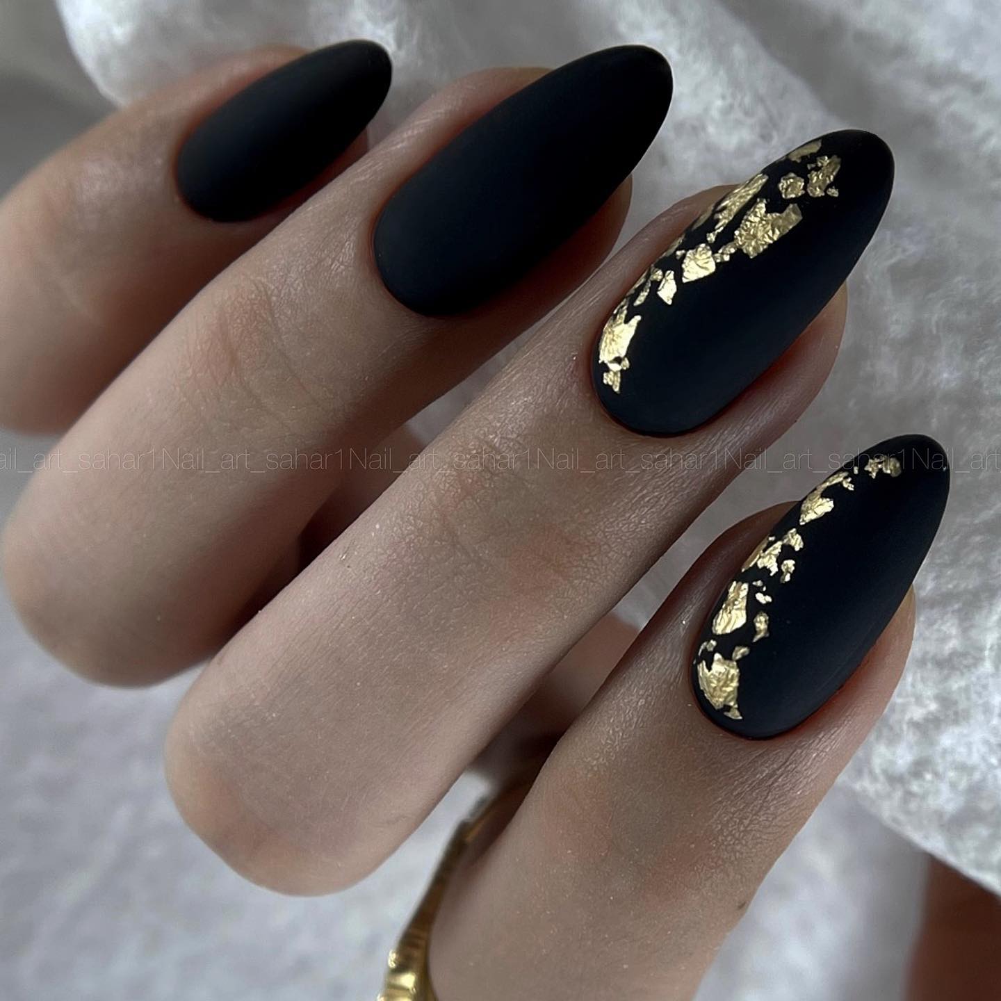 Black Matte Nails With Gold Foil Design