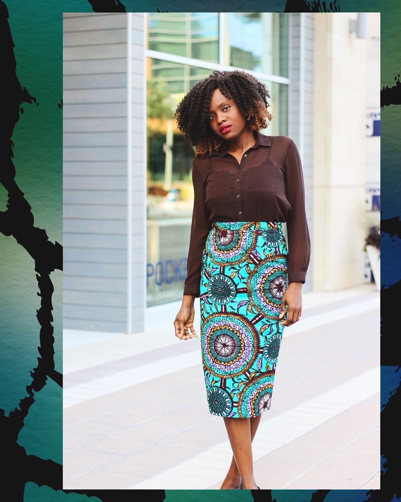 Colorful Aqua Pencil Skirt with Brown Blouse