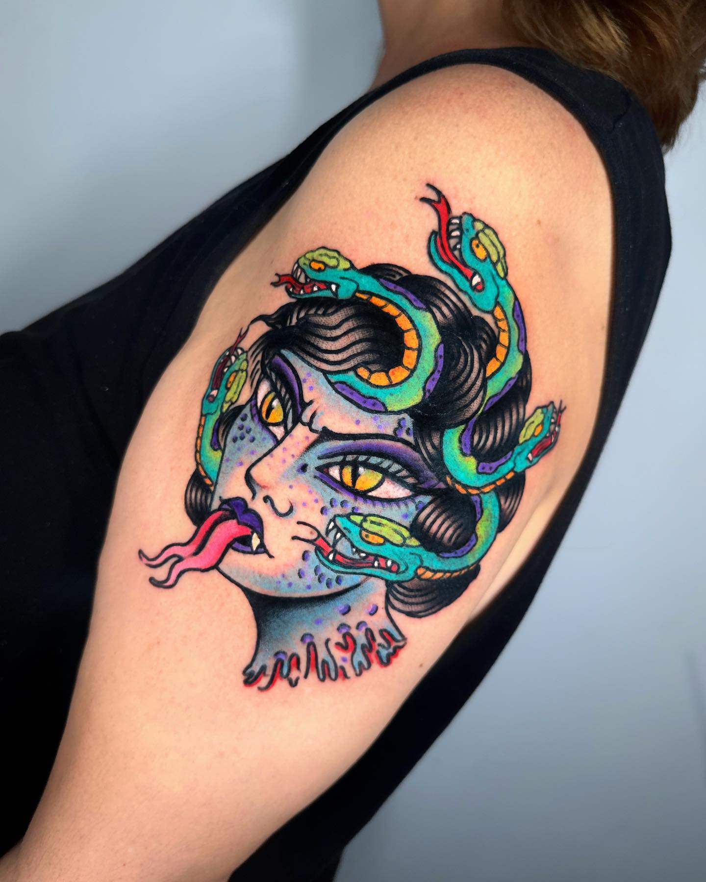 Colorful Traditional Medusa Tattoo on Arm