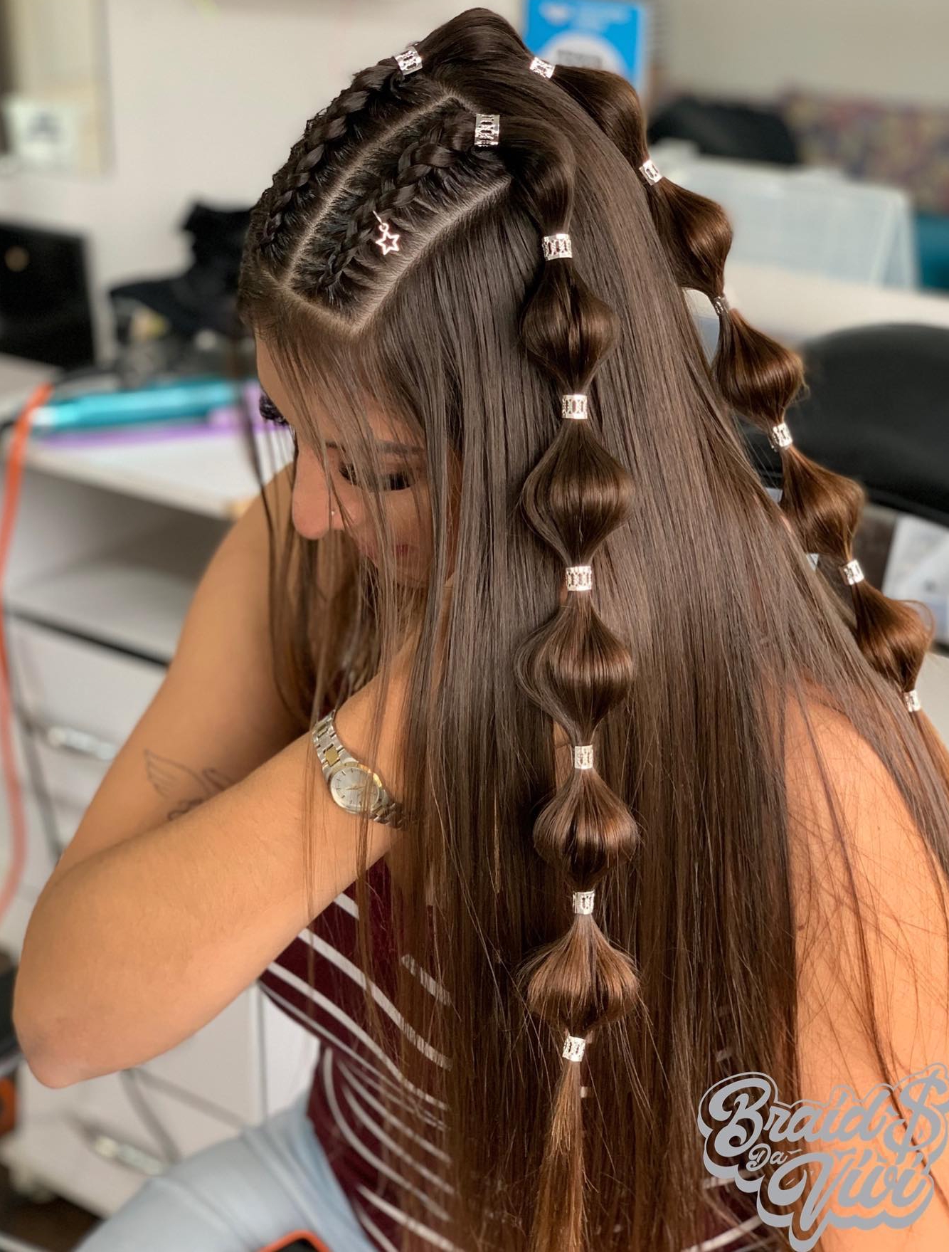 Half Up Half Down Bubble Braids on Straight Brown Hair