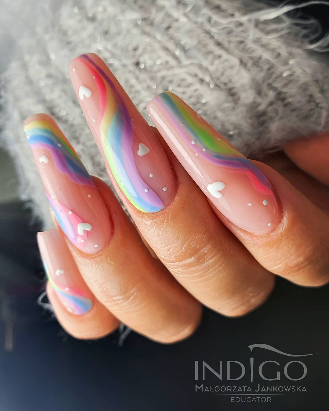 Long Acrylic Nails with rainbow Design