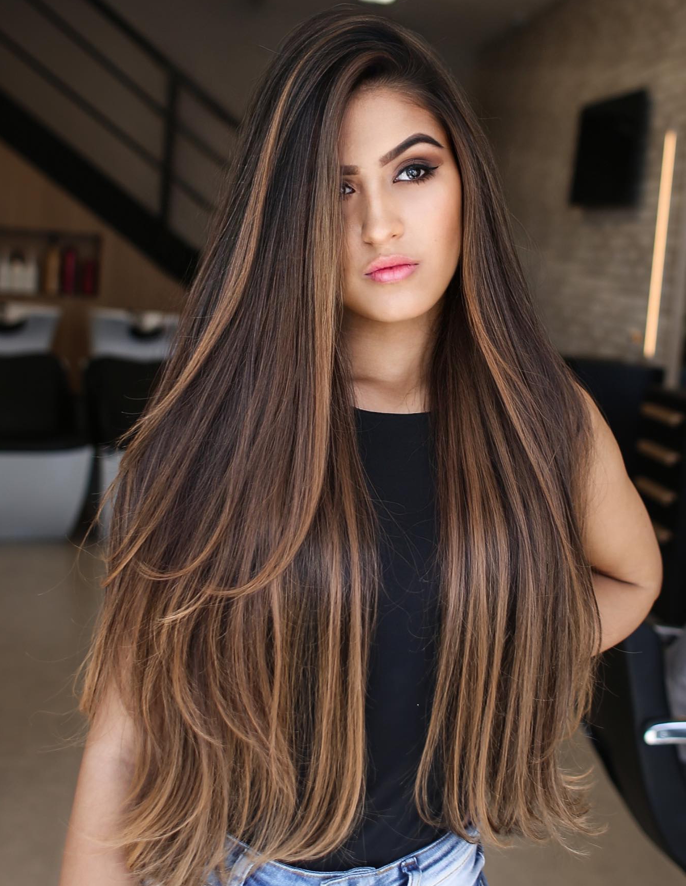 Long Brown Hair with Highlights for Oval Face