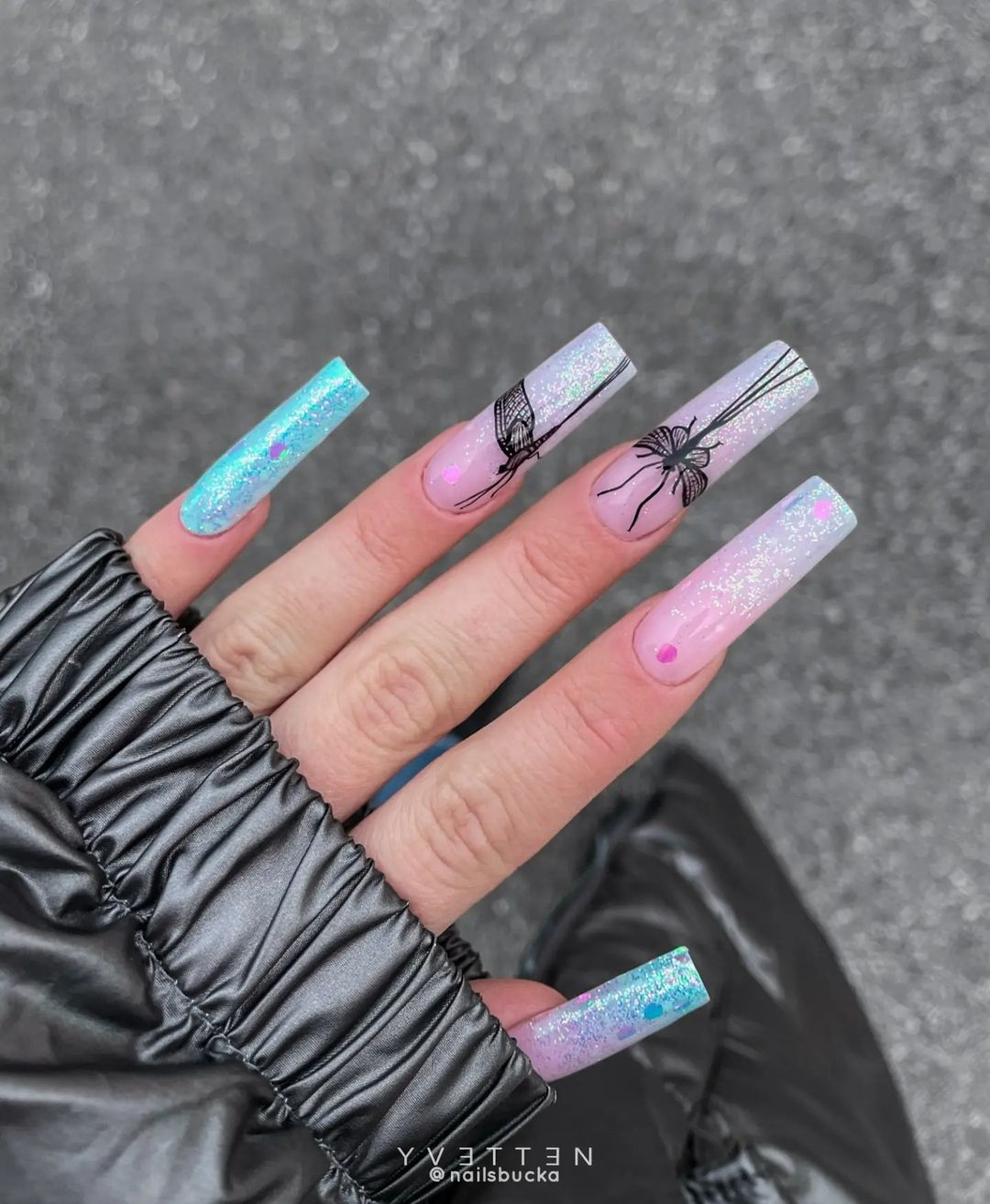 Long Square Nails with Black Butterfly Design