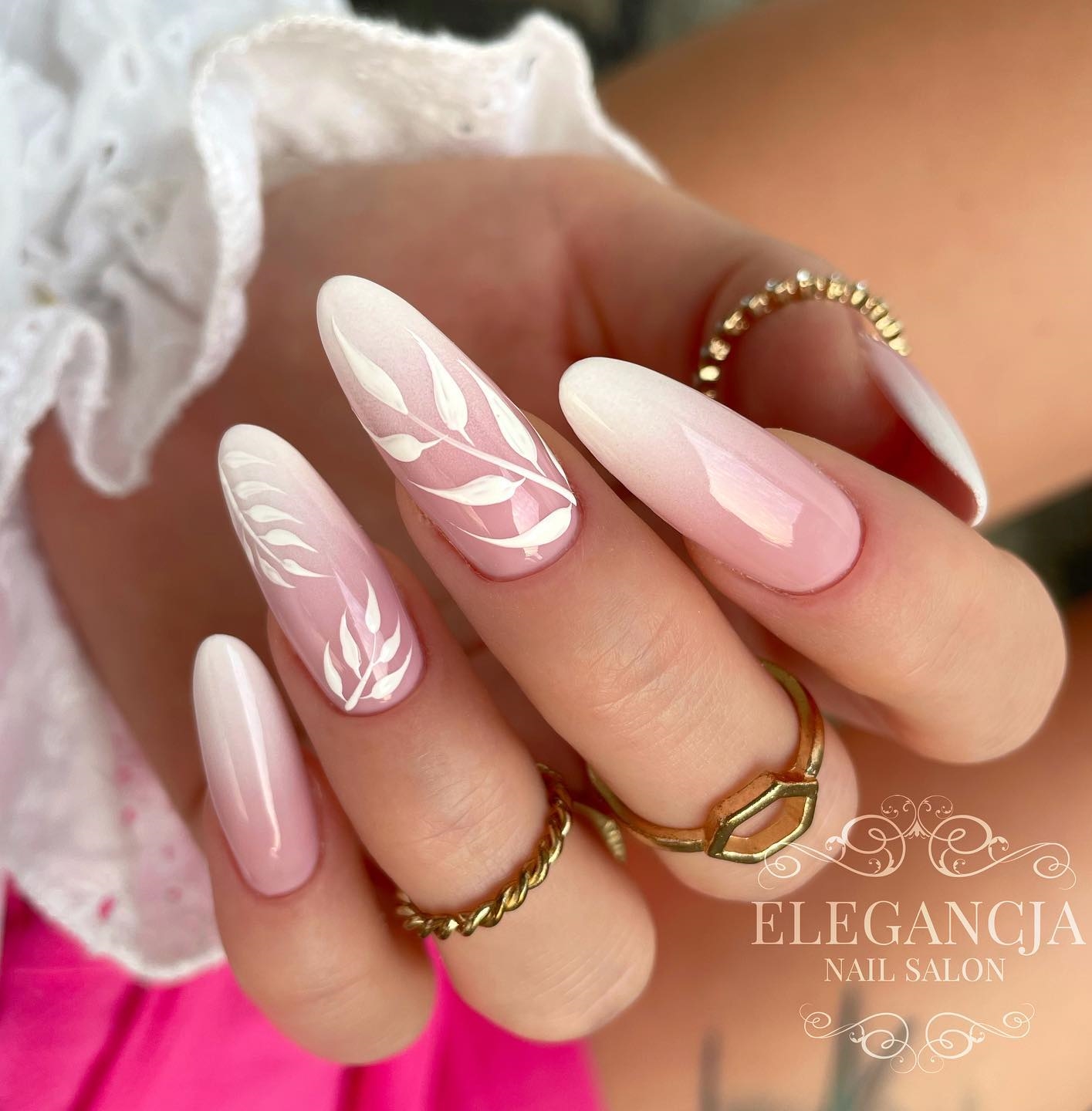 Pink to White Almond Ombre Nails with Leaf Design