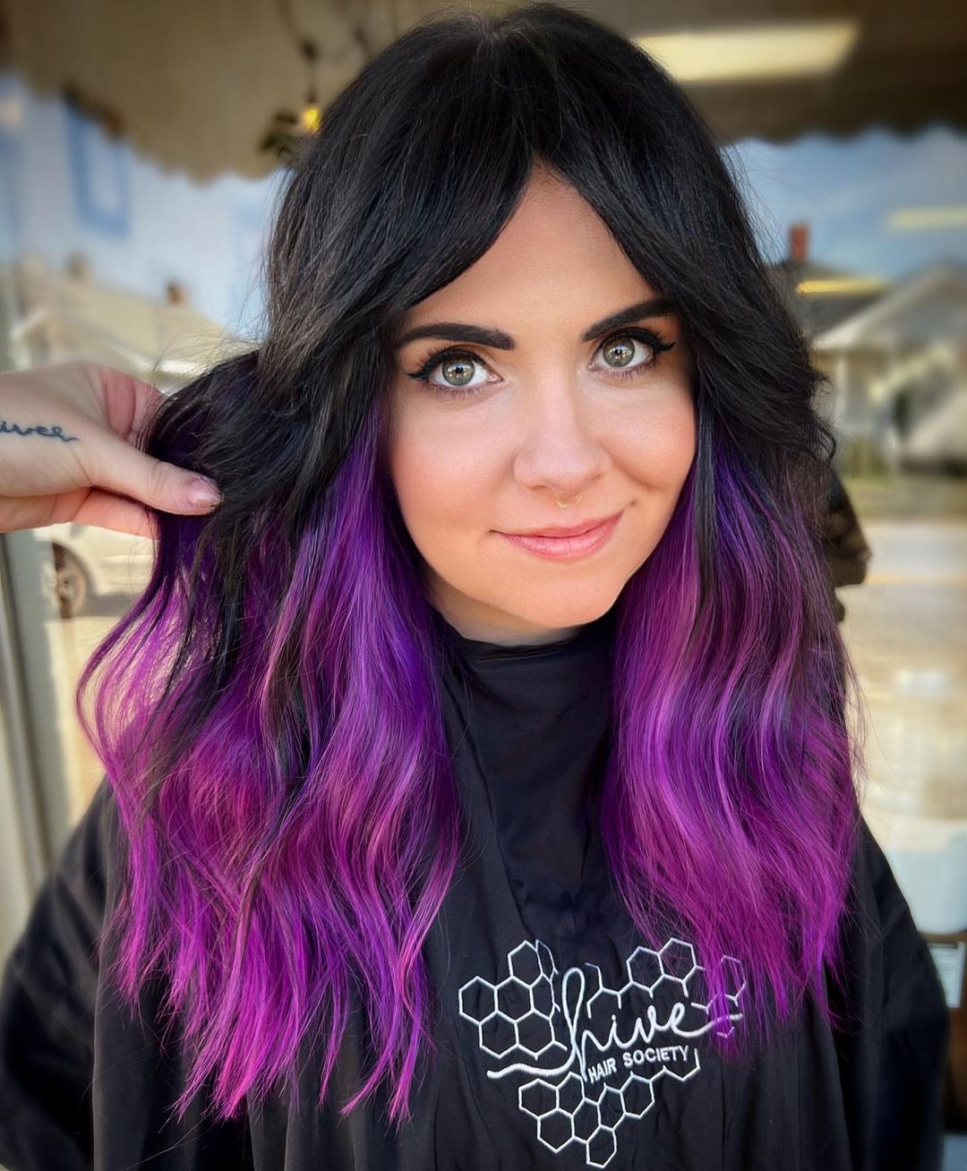 Purple Peekaboo on Medium Length Black Hair