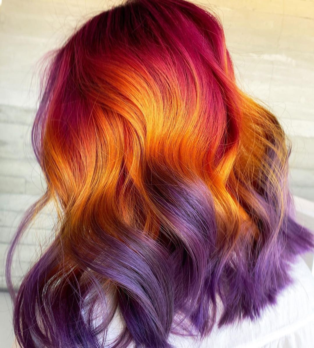 Red, Yellow and Purple Ombre Medium Length Hair