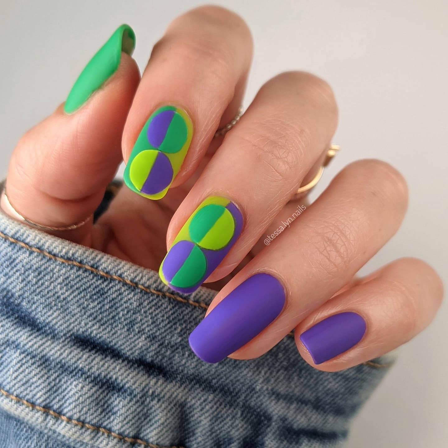 Round Matte Green and Purple Geometric Nails