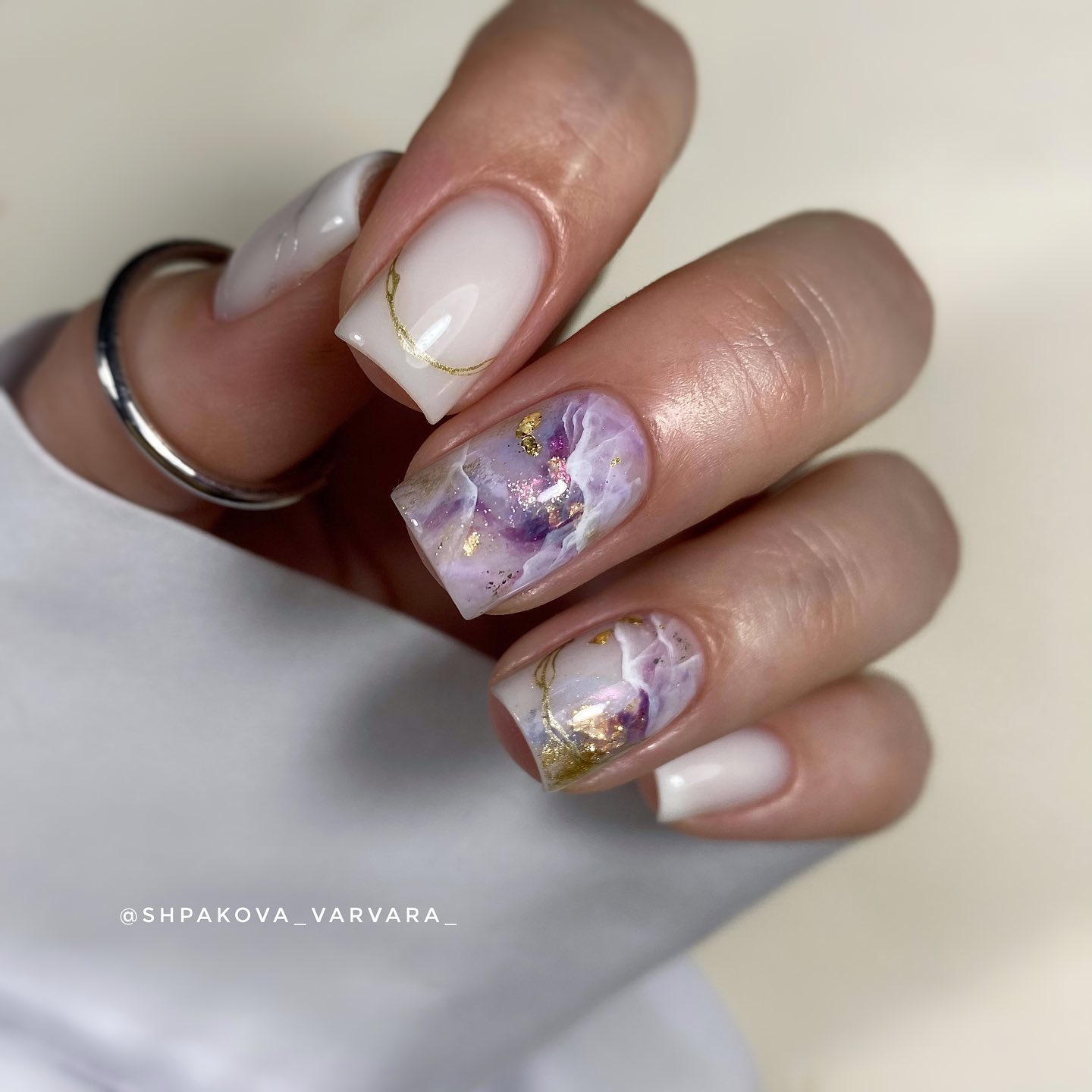 Short Square Purple Marble Nails