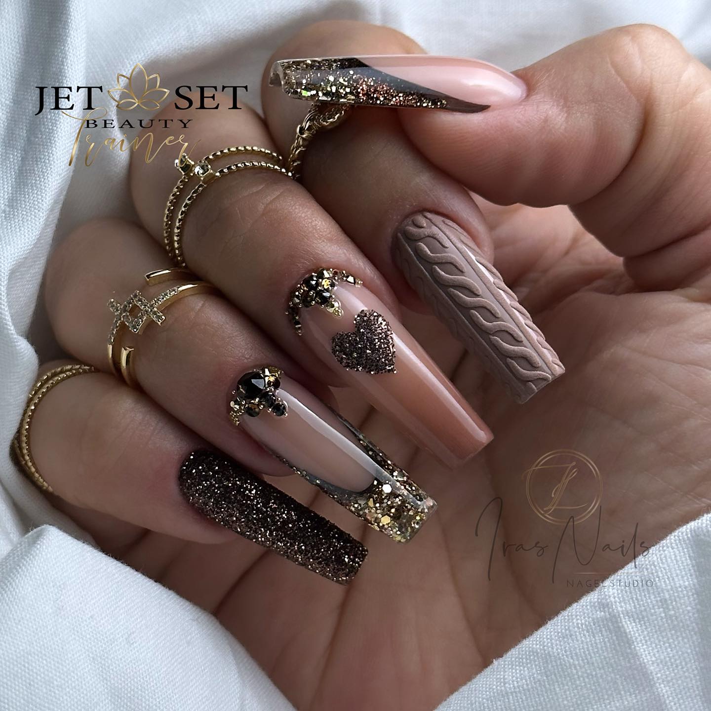 Square Acrylic Brown Nails with Gold Glitter