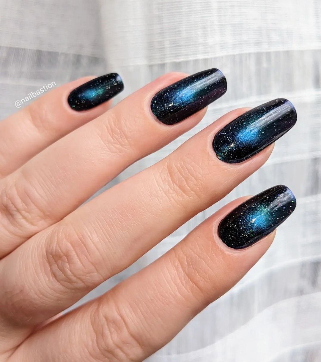 Black Nails with Blue Can Eye Design1 Long Square Black French Tip Nails