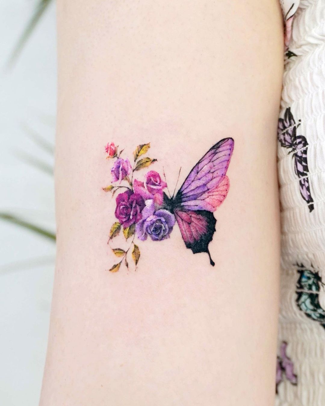 Color Butterfly with Flowers Tattoo on Arm