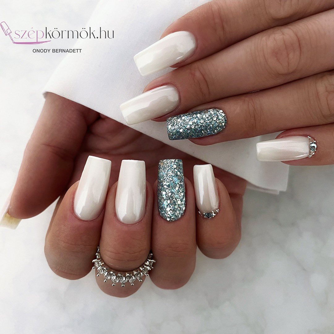 White Chrome Nails with Glitter