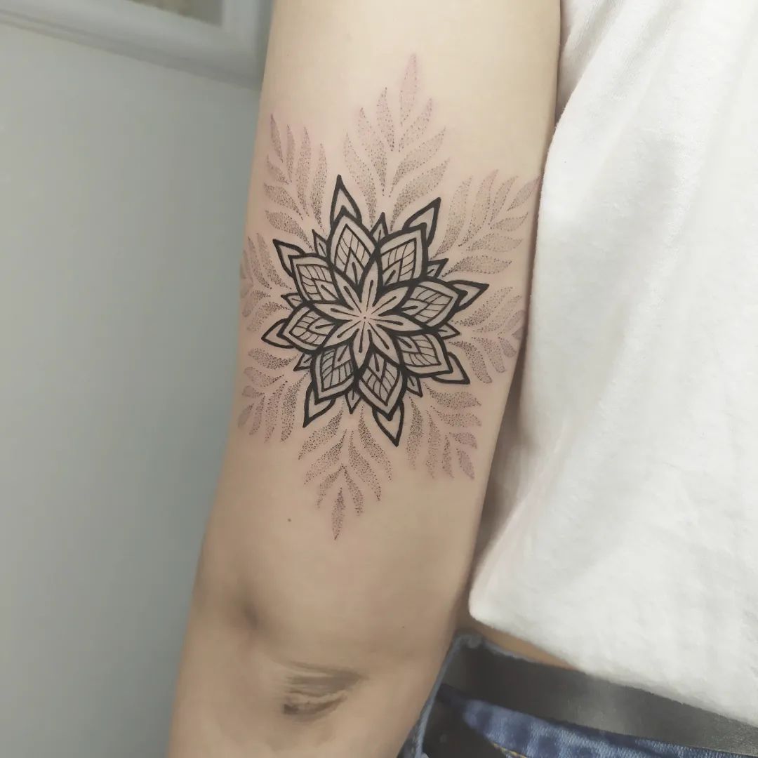 Black and White Geometric Flower Tattoo on Arm