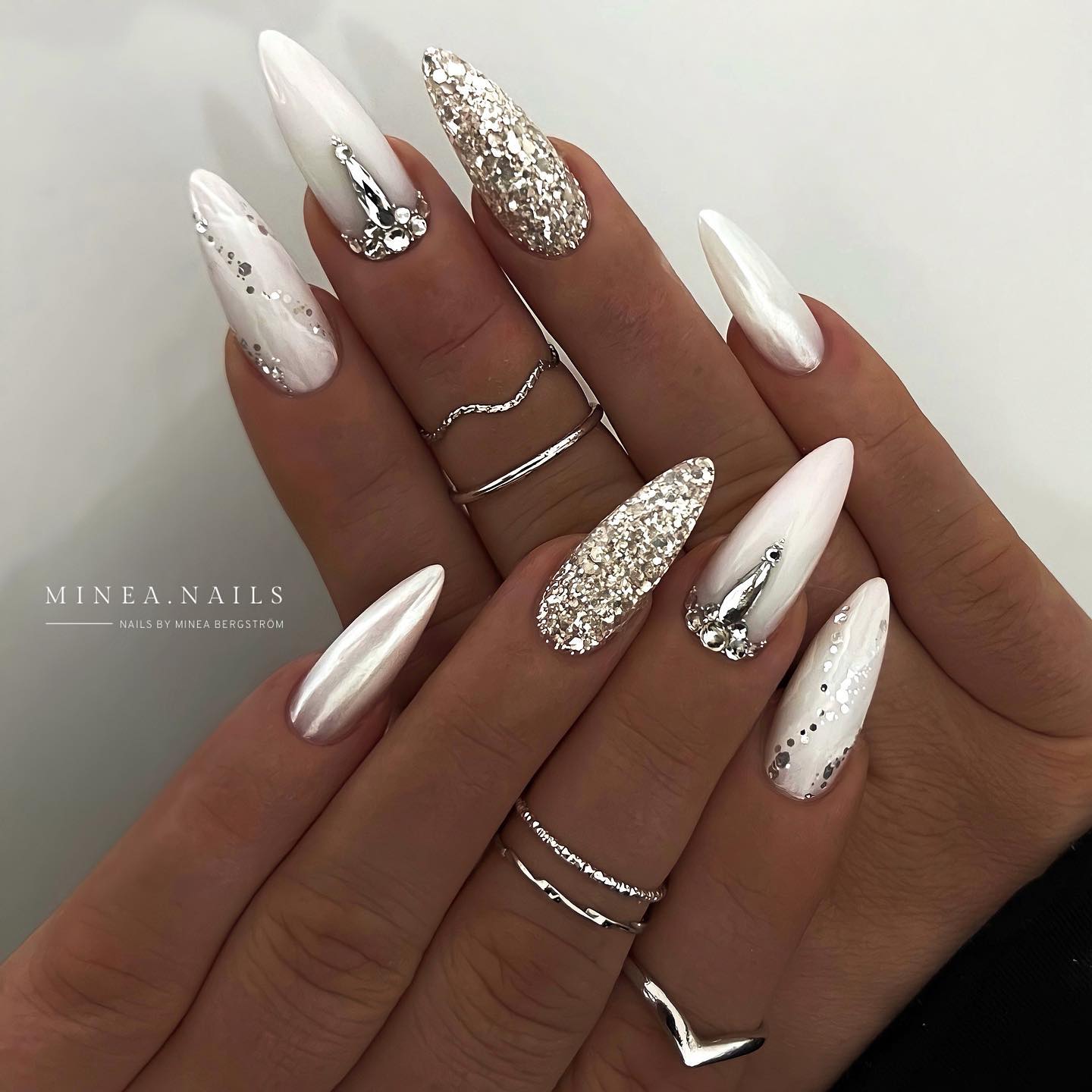 Long White Chrome Nails with Glitter