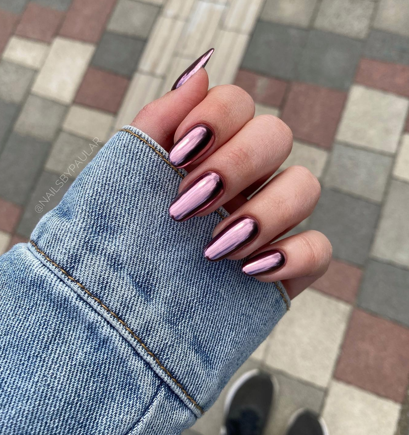 Long Burgundy Chrome Nails