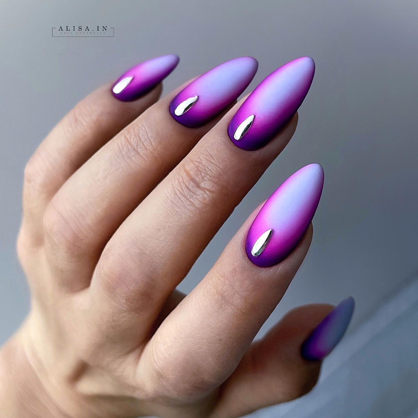 Almond Purple Gel Nails with Silver Design