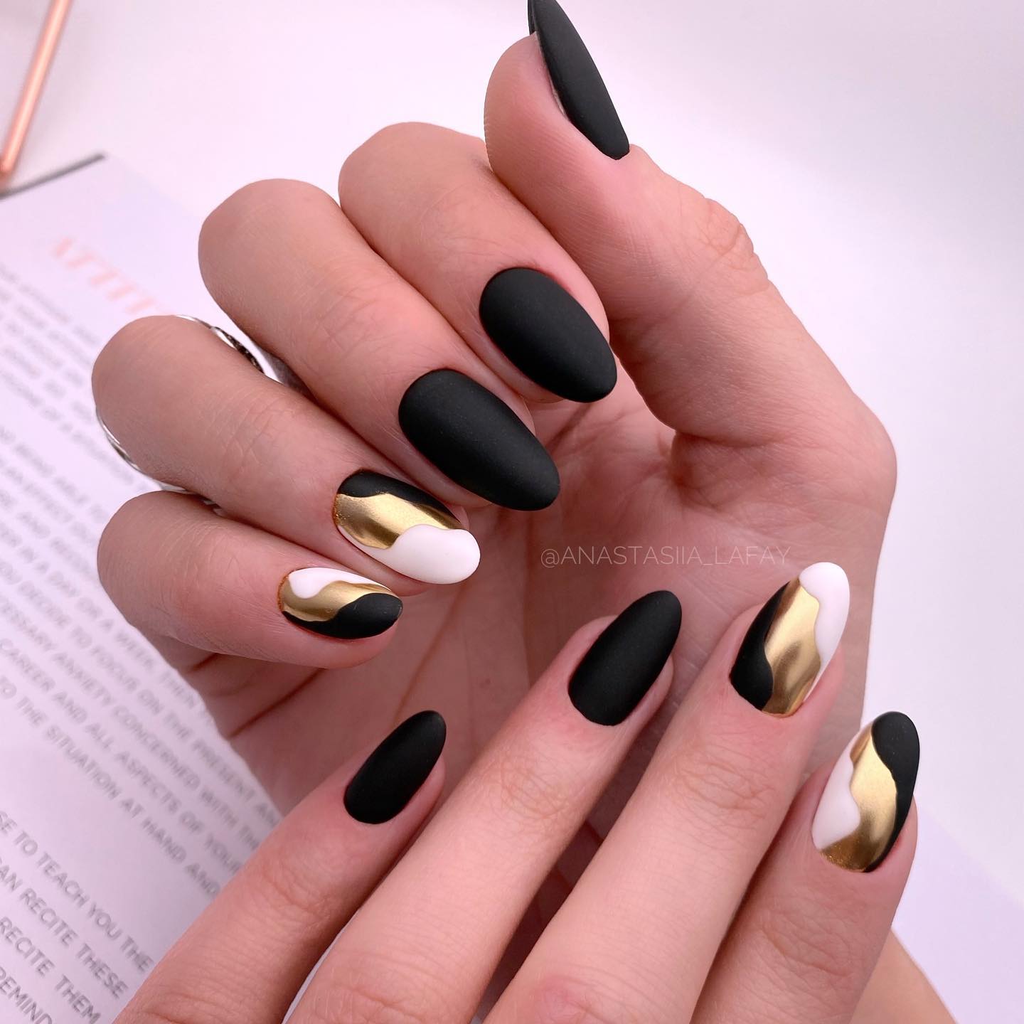 Black Matte Nails with Gold and White Polish