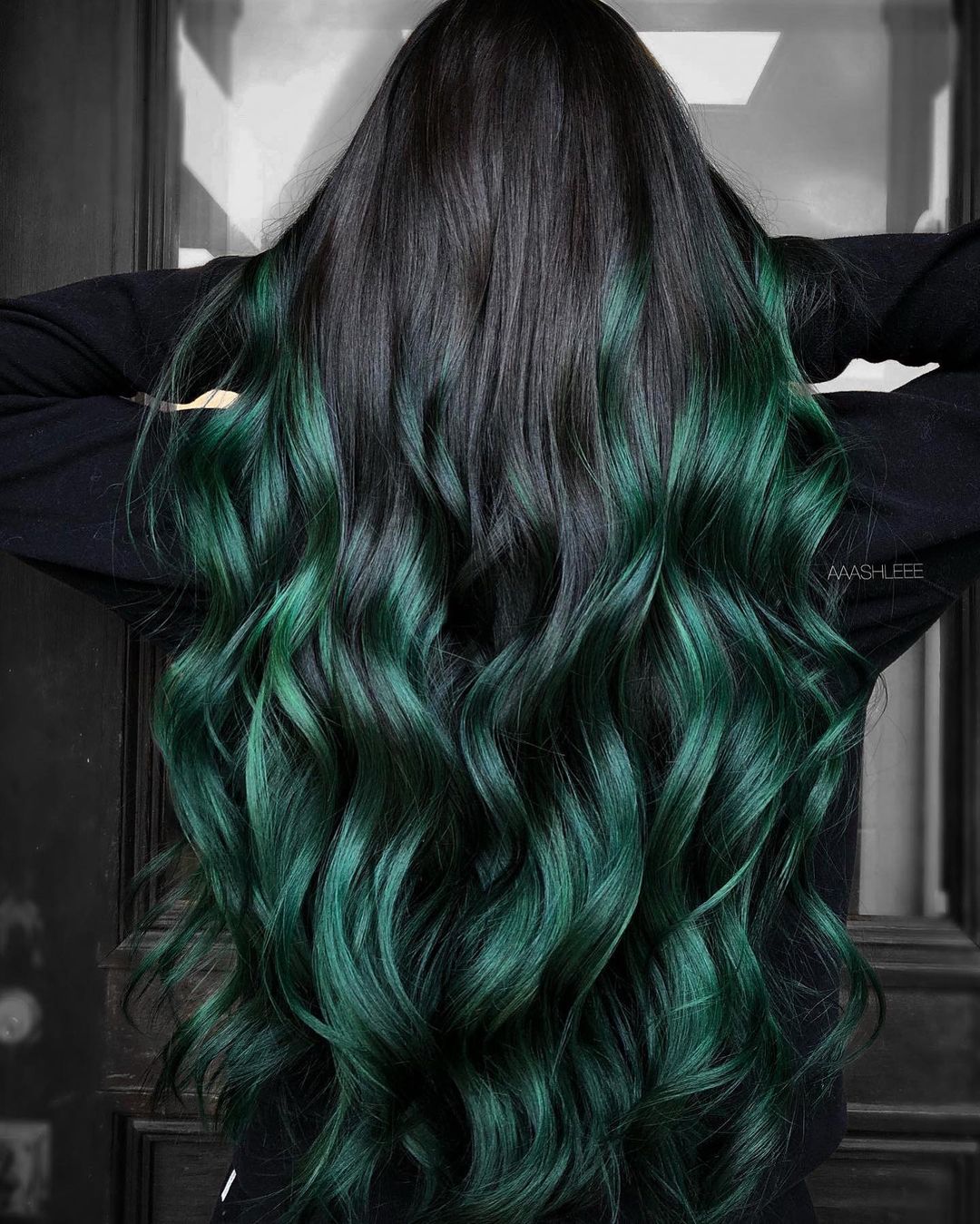 Black to Dark Green Long Ombre Hair