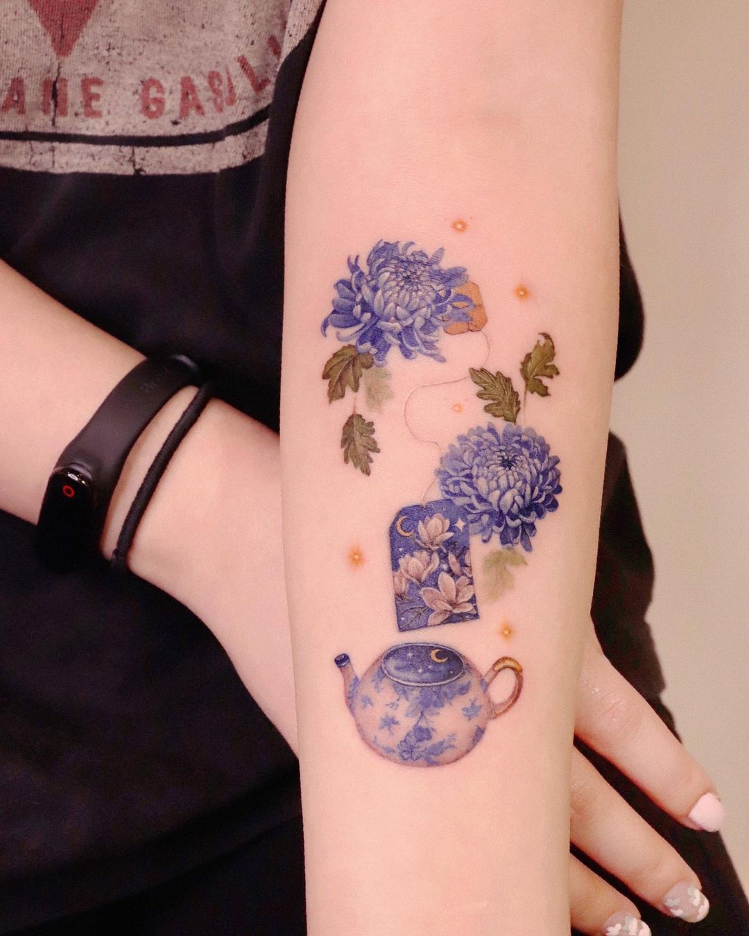 Blue Japanese Flower Tattoo on Arm