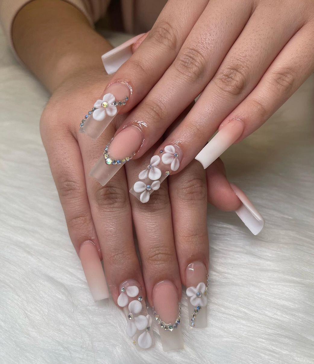 Clear Nails with White Floral Design