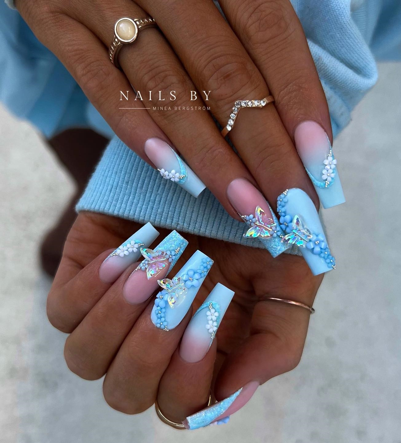 Coffin Light Blue Nails with 3D Butterfly