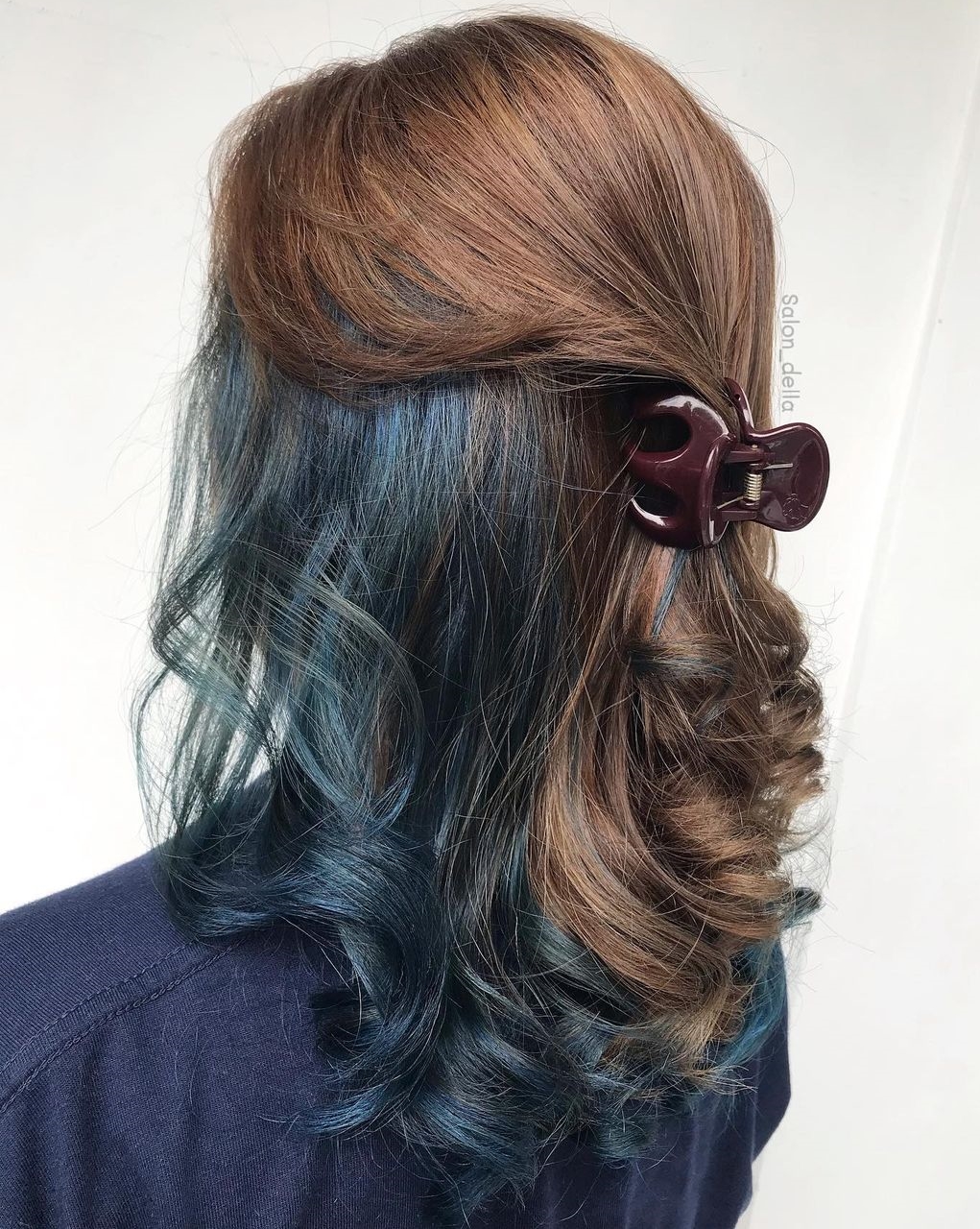 Dark Blue Peekaboo on Wavy Light Brown Hair