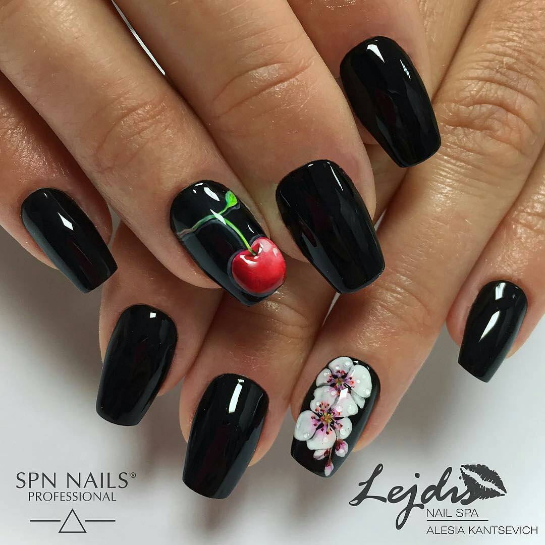 Glossy Black Nails with Cherry and Cherry Blossom Design